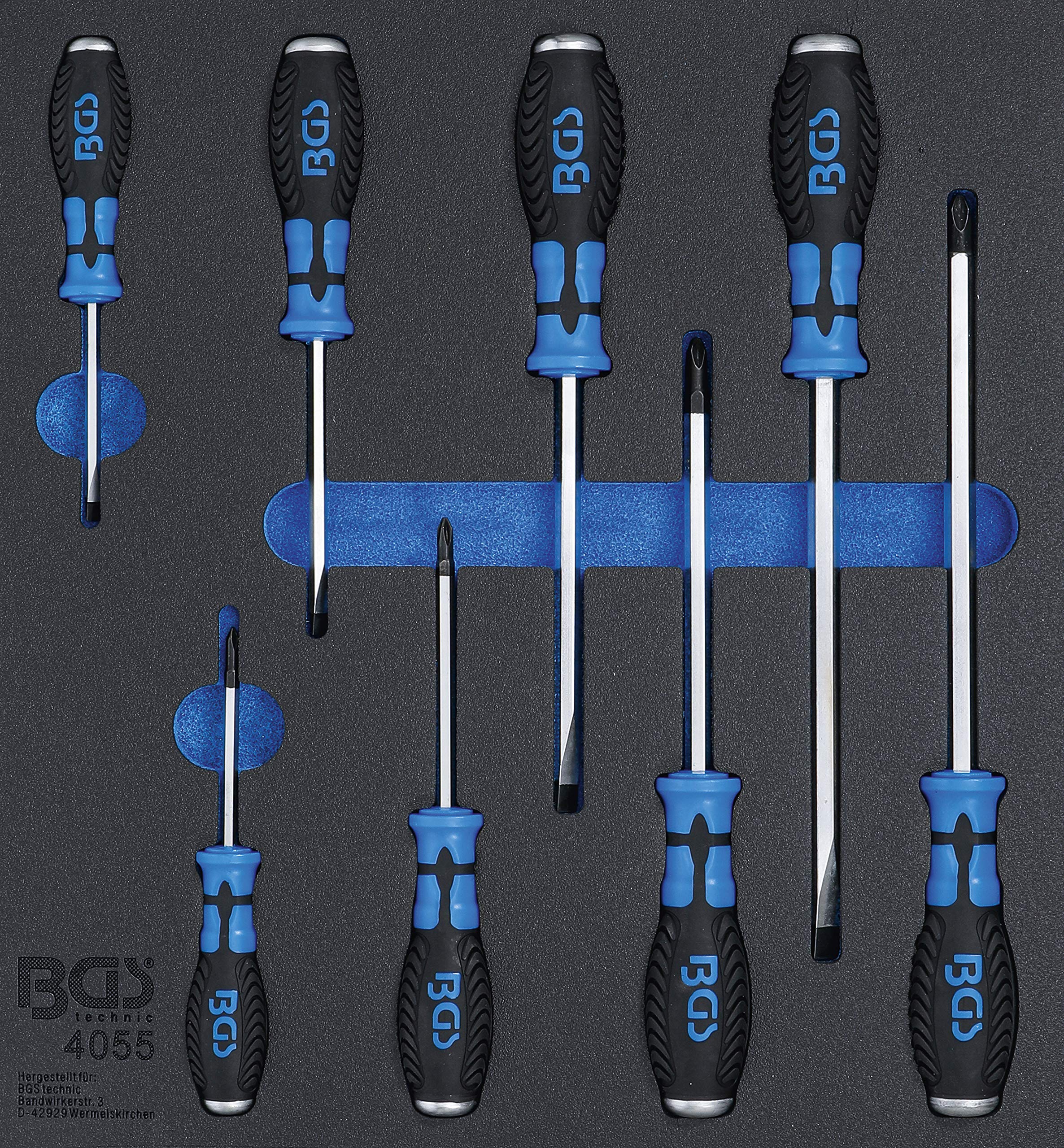 BGS 4055 | Bandeja para carro 2/3: Destornilladores planos y en cruz | 8 piezas | PH1, PH2, PH3, PH4 | Ranura 5, 6, 8, 10 mm | Mango de 2 componentes | Tracción cuadrada de 6,3 mm (1/4")