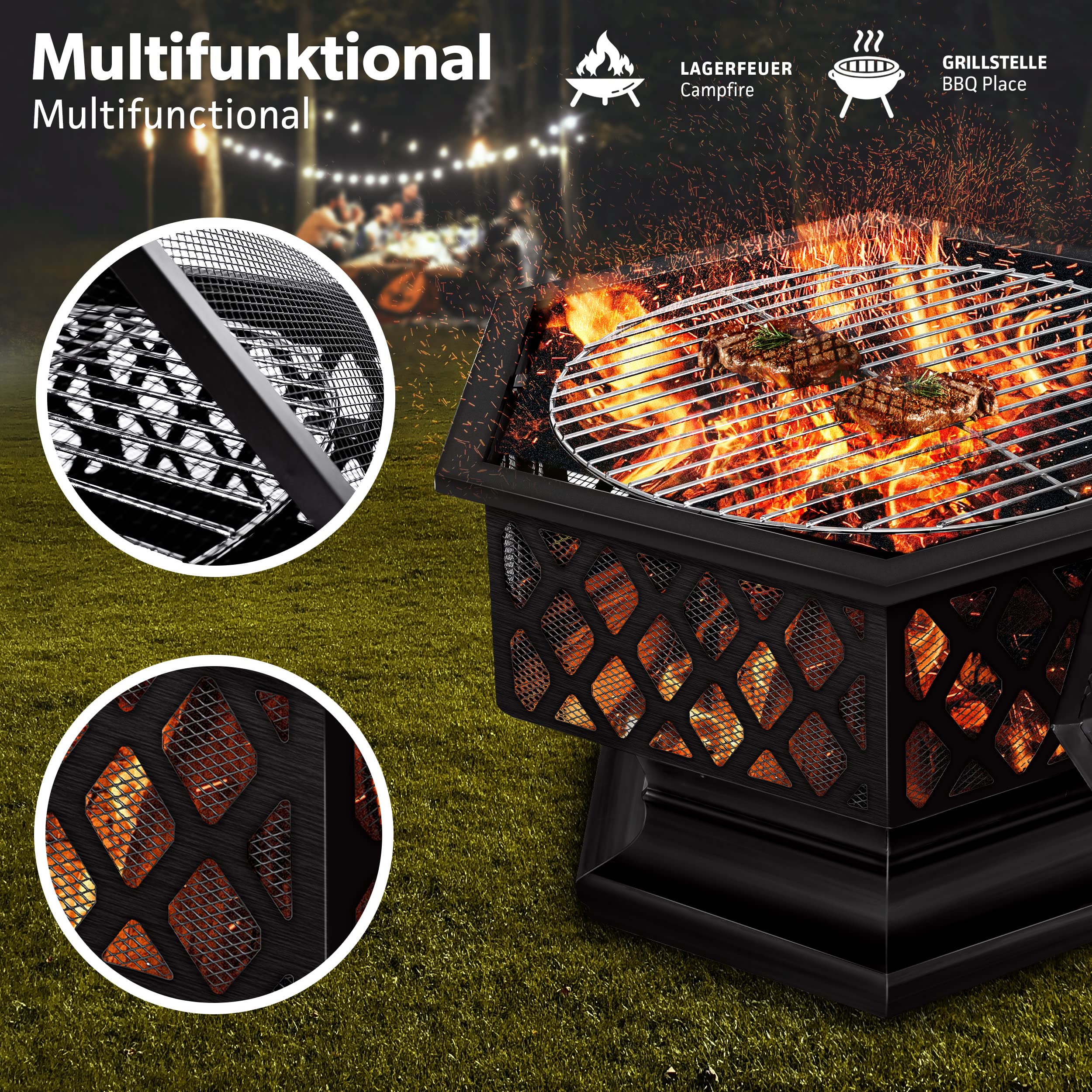 tillvex Feuerschale mit Funkenschutz & Grillrost | Feuerstelle Outdoor für den Garten | 4 in 1 BBQ Grill mit Abdeckung, Schürhaken, Zange & Kohlerost Schwarz (Sechskant)