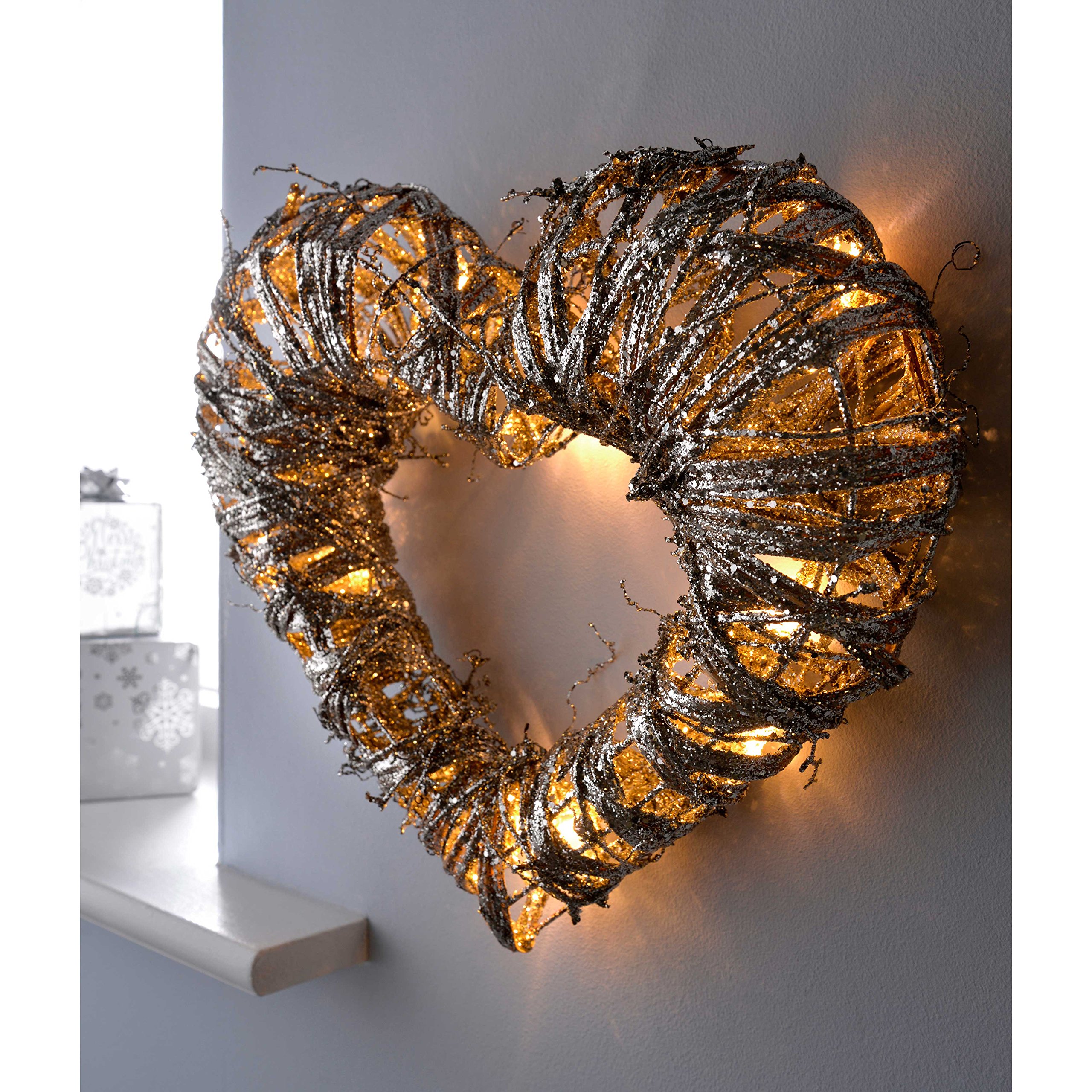 WeRChristmas Pre-Lit Silver Woven Rattan Warm White LED Heart Decoration with Dusting of Glitter, 38 cm - Multi-Colour - Image 3