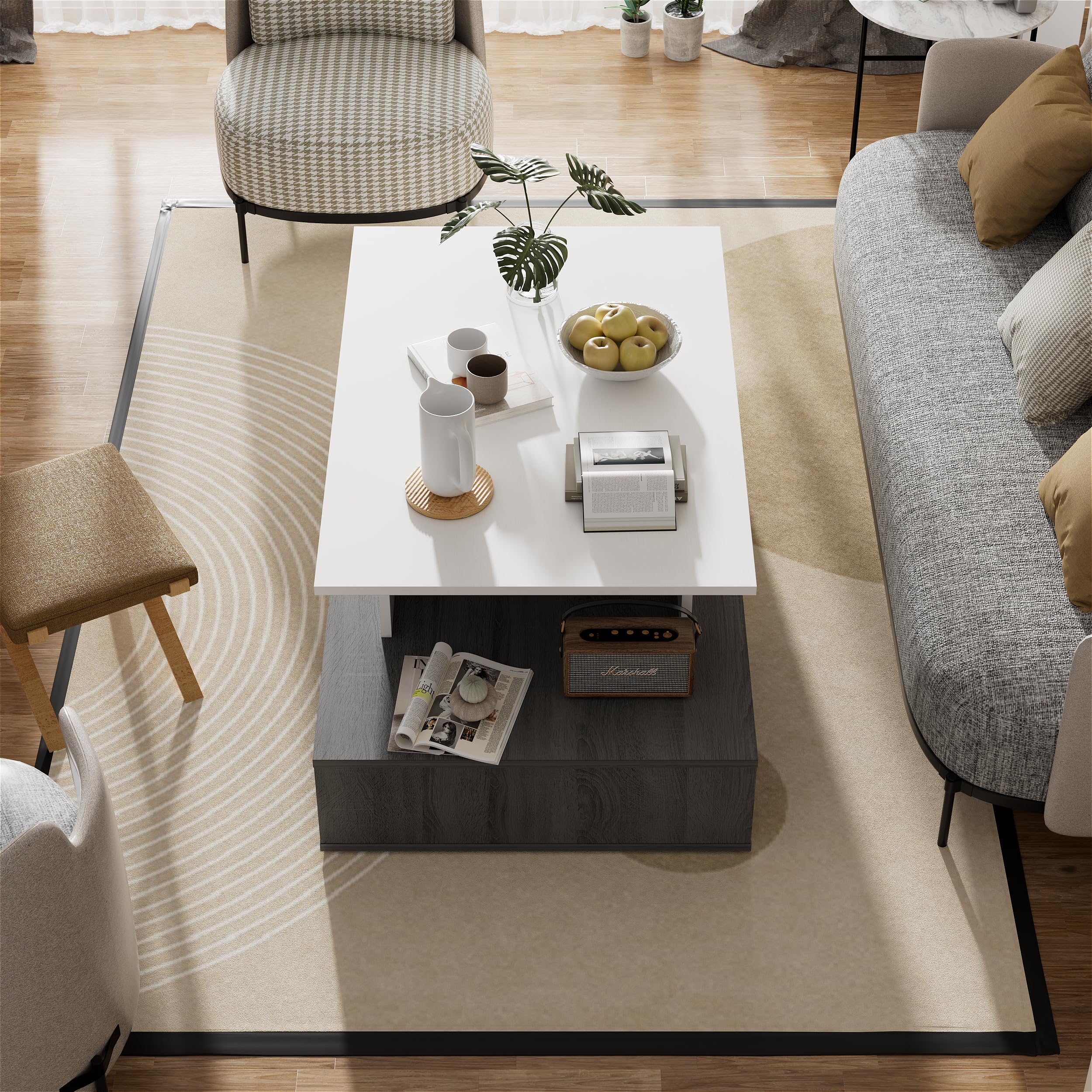 JoliJour Table Basse Moderne Rectangulaire Table d'appoint en Bois Meuble de Salon 2 Niveaux Blanche pour Salon Bureau Installation Facile 105x35x60cm