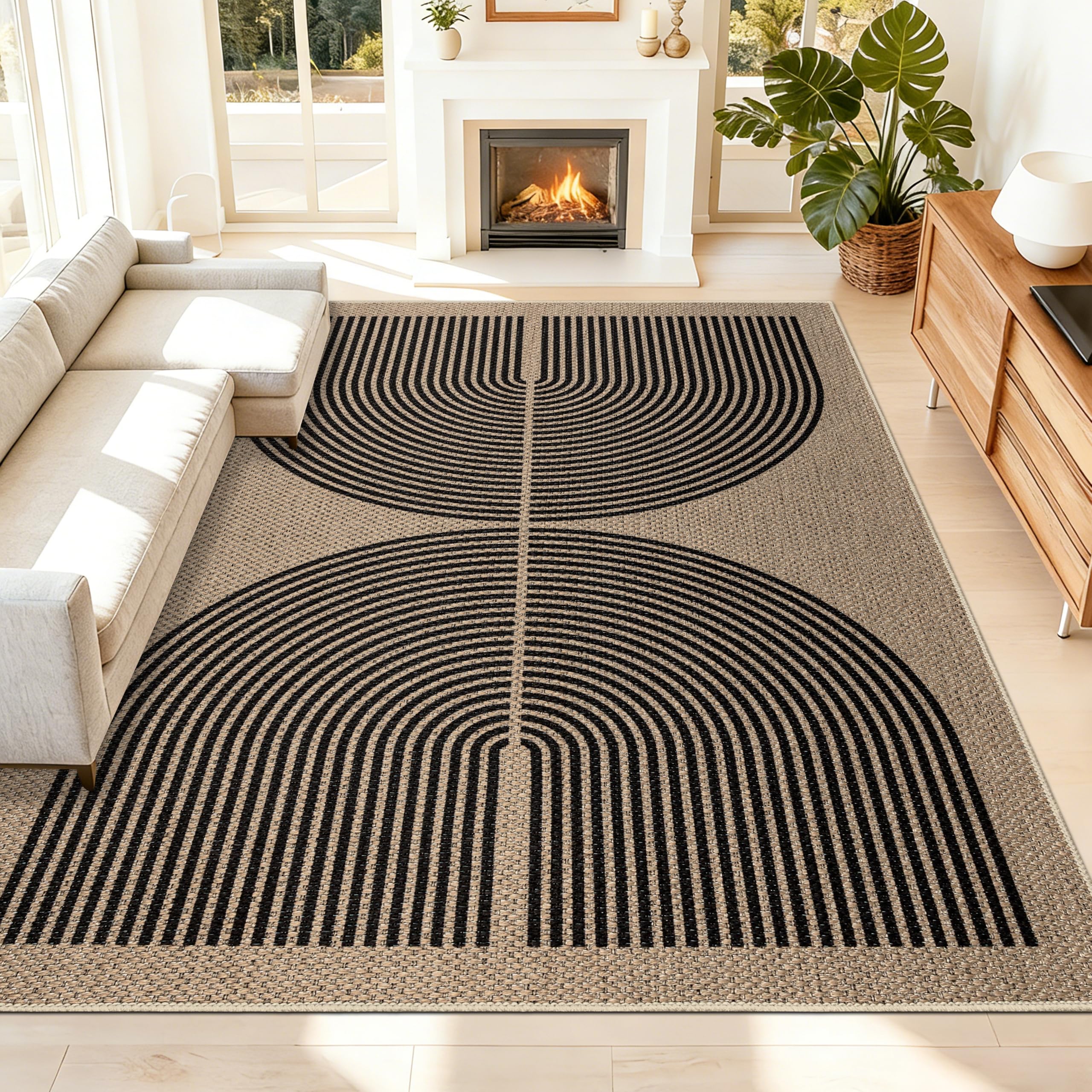 Capslpad Easy Jute Rug 6x9 Area Rugs,Washable Indoor Outdoor Rugs,Modern Rainbow Non-Slip Carpet, Contemporary Geometric Rugs for Living Room Dining Room Bedroom Office Patio Backyard,Nature&Black