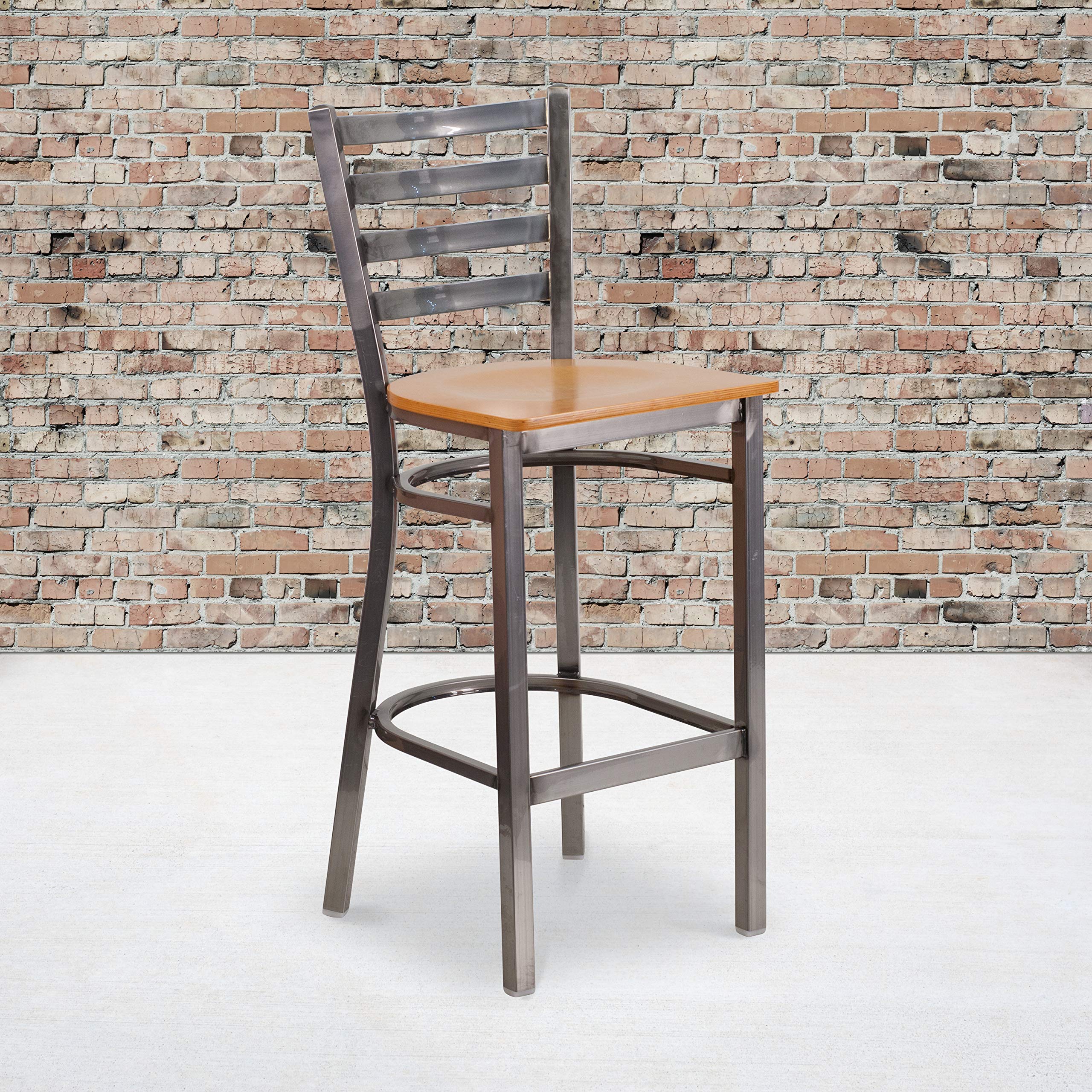 Flash Furniture HERCULES Series Clear Coated Ladder Back Metal Restaurant Barstool - Natural Wood Seat