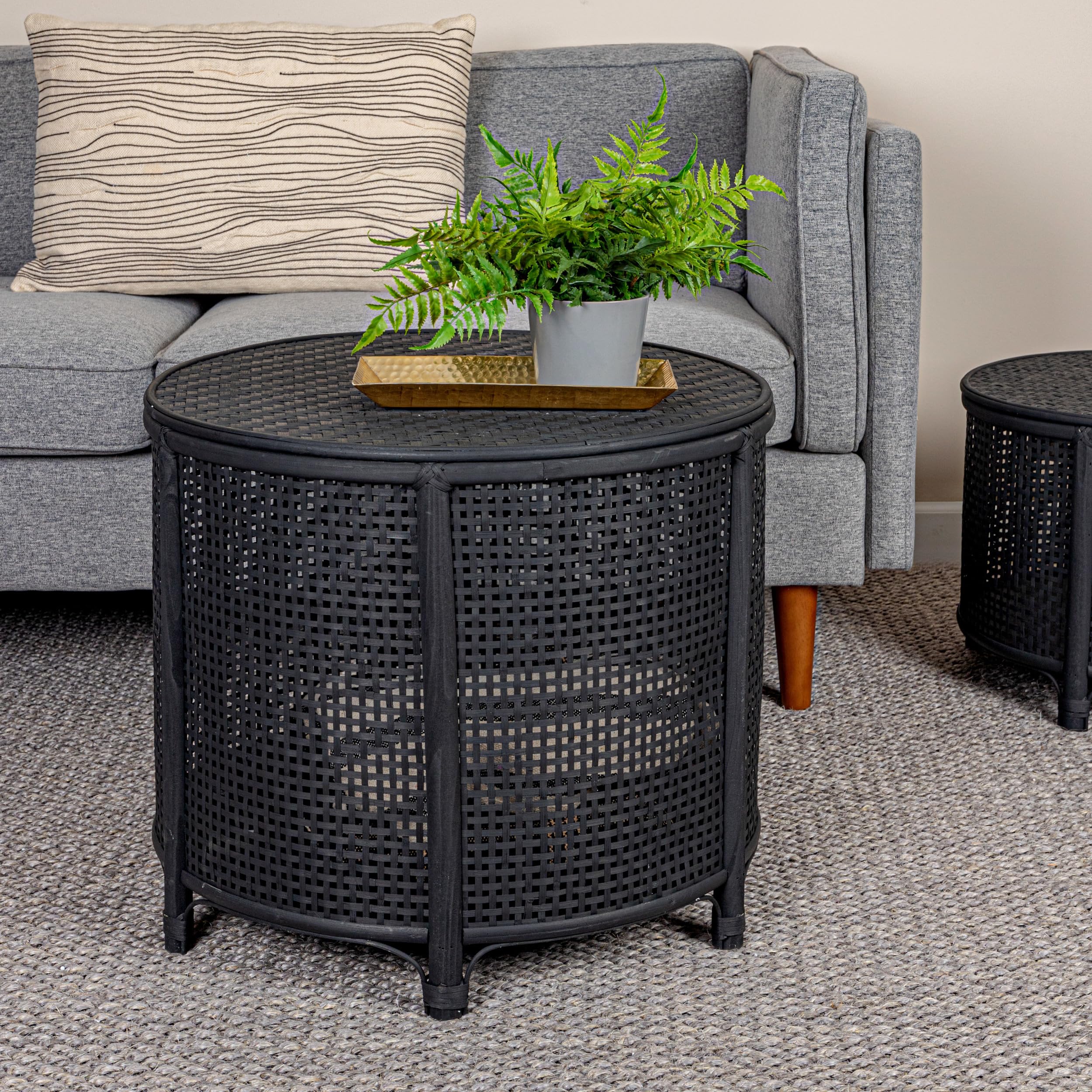 Creative Co-Op Round Bamboo and Rattan Accent Storage Table, Black