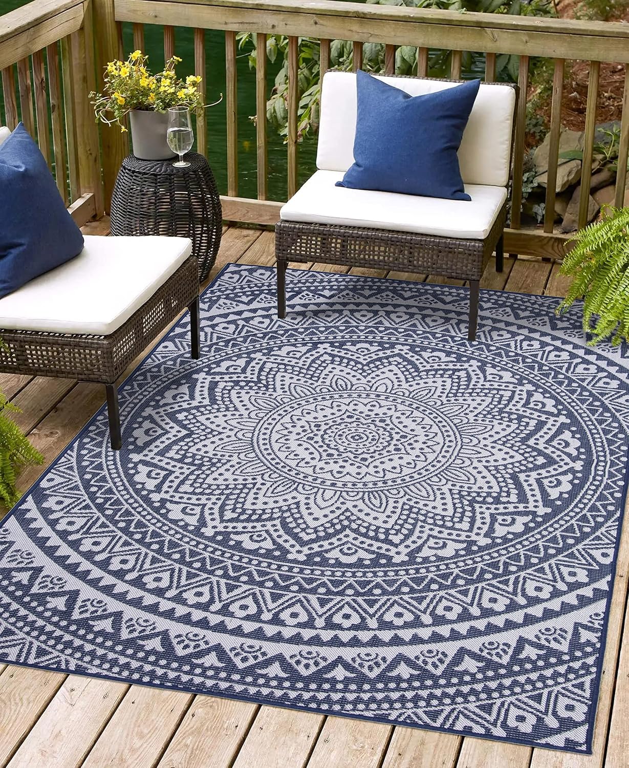 Indoor Outdoor Mandala Design Hippie Area Rug | Stain Resistant and Water Resistant Area Rug for Patio, Balcony, Living Room, Kitchen and Bedrooms (8'x10', Navy Blue)