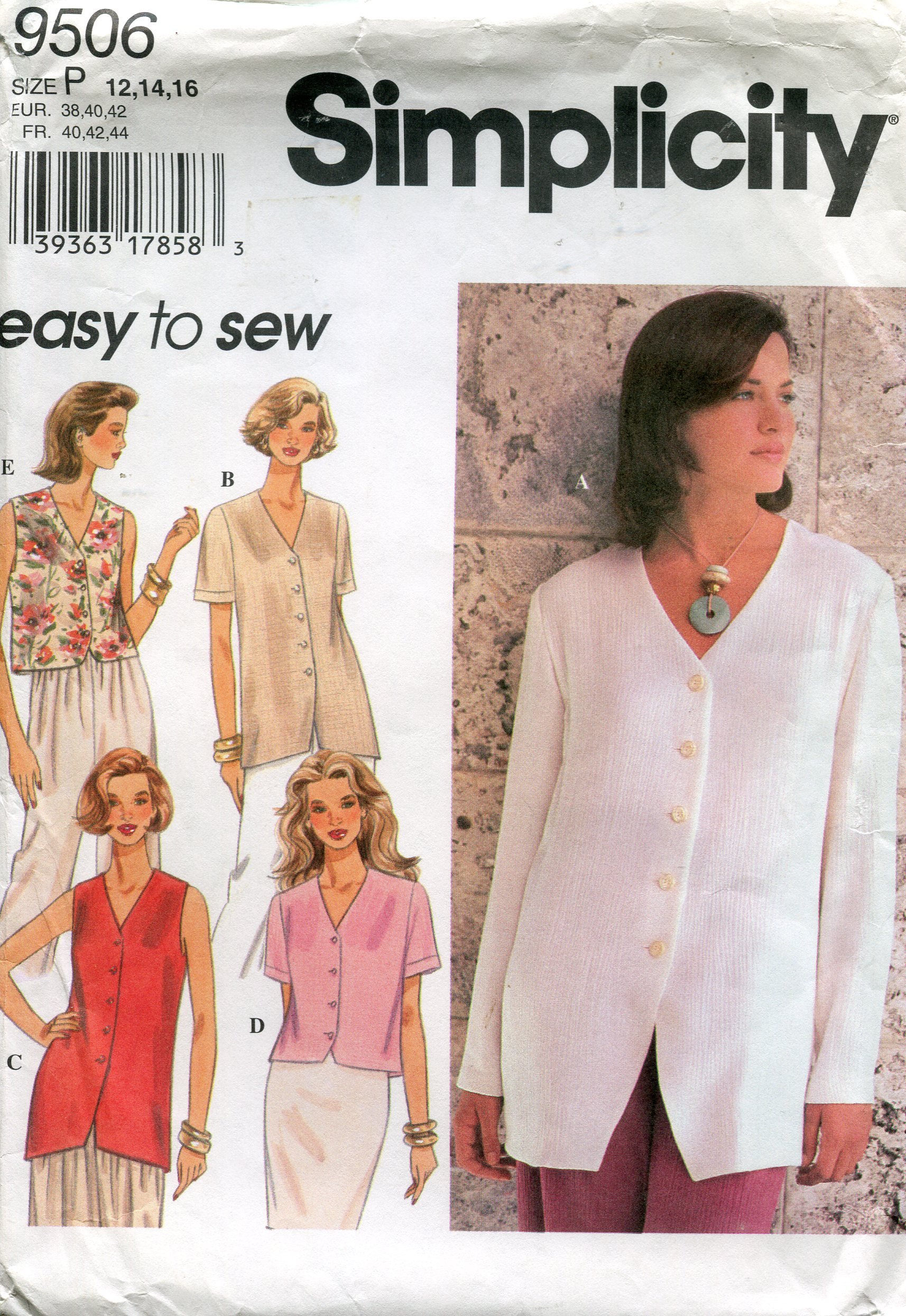 Patron de couture pour chemisiers boutons sur le devant Simplicity 9506 Taille 40-42-44