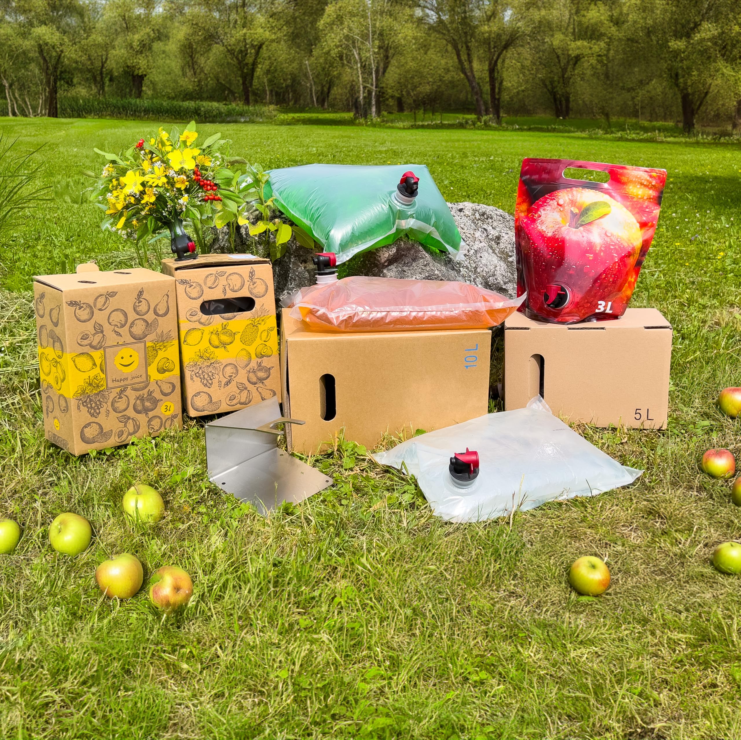 50 Stk. Standbeutel 3L mit Apfelmotiv – Bag in Box – Auslaufhahn & Tragegriff – BPA-frei – Ideal für Saft, Wein, Flüssigkeiten – Wiederverwendbarer Getränkebeutel