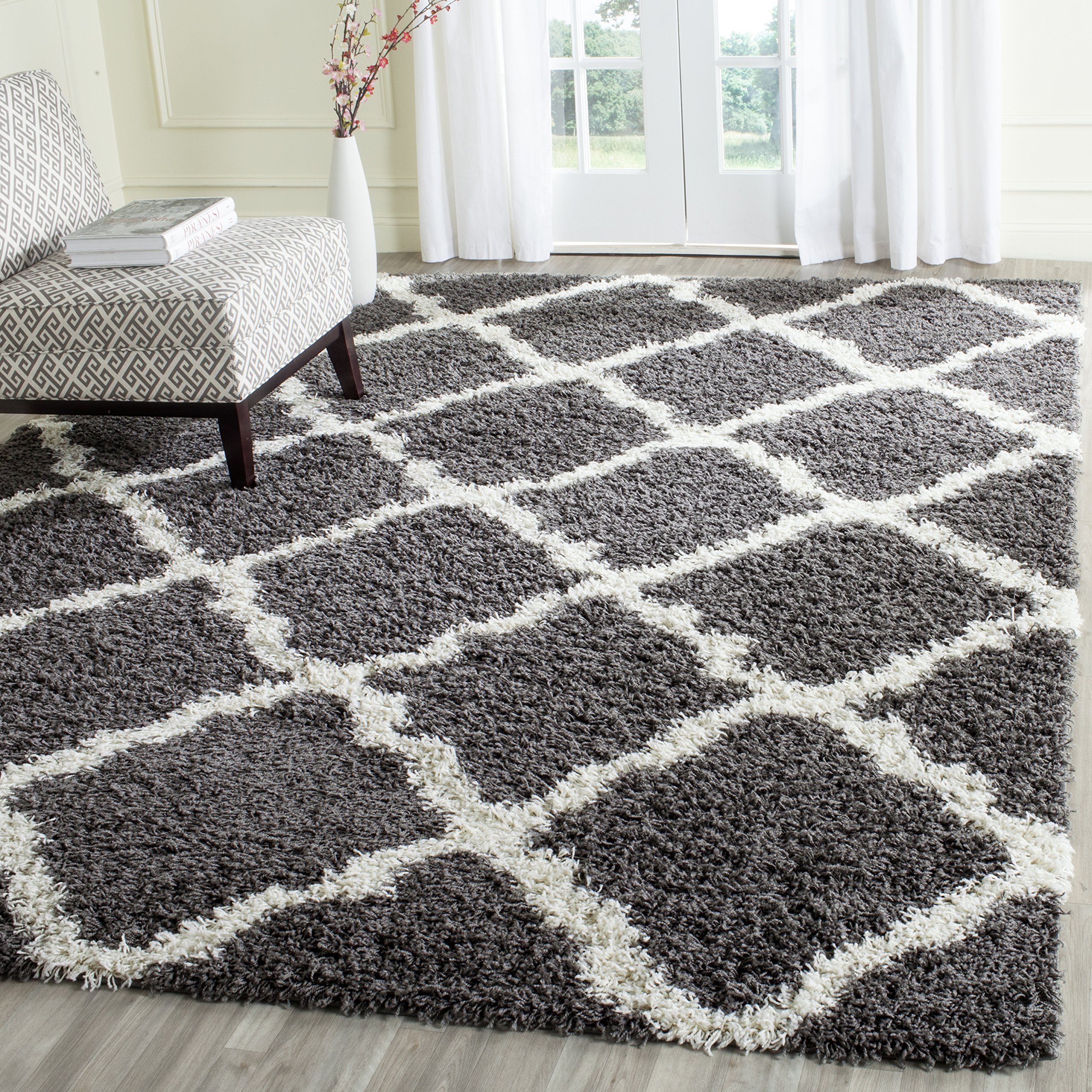 SAFAVIEH Dallas Shag Collection Area Rug - 8'6" x 12', Dark Grey & Ivory, Trellis Design, Non-Shedding & Easy Care, 1.5-inch Thick Ideal for High