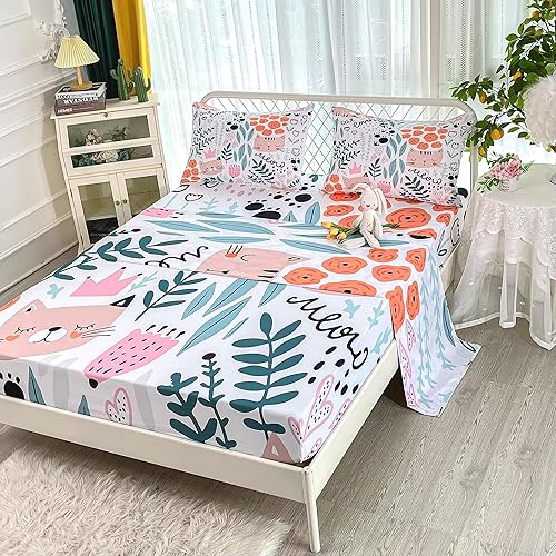 Miniatura 2 de CVHOUSE - Sábana bajera ajustable de gato, tamaño Queen, juego de sábanas de dibujos animados para niños y adolescentes, juego de ropa de cama