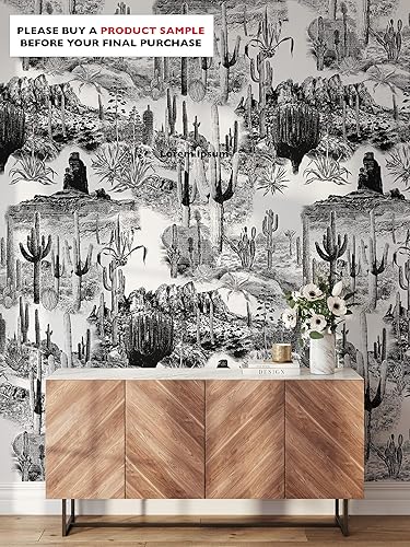 Miniatura 2 de Papel pintado Art Deco occidental de cactus blanconegrogris, papel ecológico. Desmontable temporalmente. 8 hojas de 39.4 x 27.5 pulgadas (59.2 pies