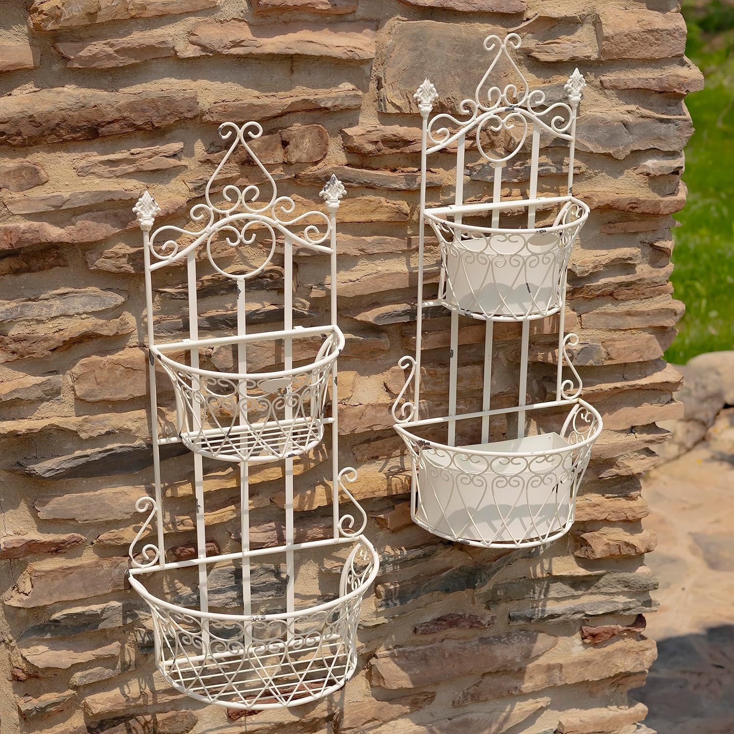 Zaer Ltd. Set of 2 Dual Wall Planters with Removable Baskets London 1820" (Antique White)