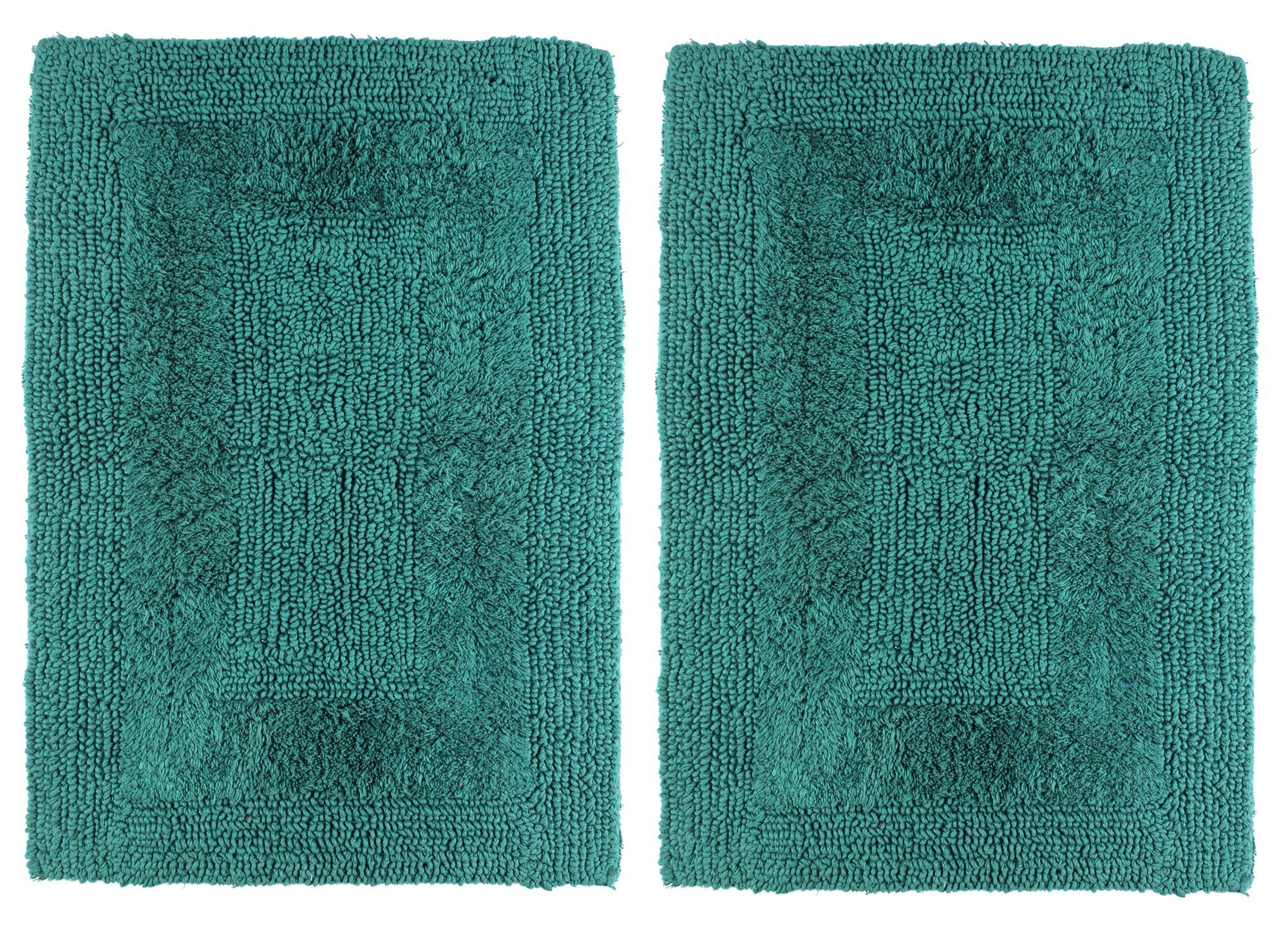 COTTON CRAFTLuxurious Bath Mat Rug - Set of 2 Reversible Heavyweight Step Out Bath Mats for Bathroom Floor, Tub and Shower - Pure Cotton Soft Plush Absorbent Tufted Racetrack Mat - 17 x 24 in - Teal
