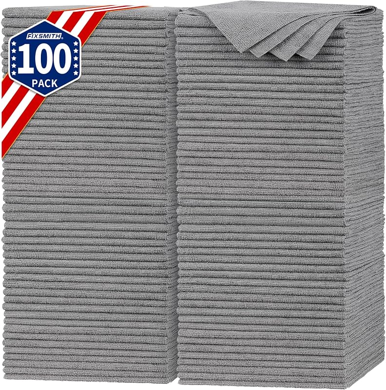 Shop Towels, Pack of 100, Grey Microfiber Cleaning Cloth Bulk, Microfiber Towels for Cars, All-Purpose Absorbent Cleaning Rags, Dust Cloth for Automotive, Mechanic, Garage, 11.5 x 11.5 inch