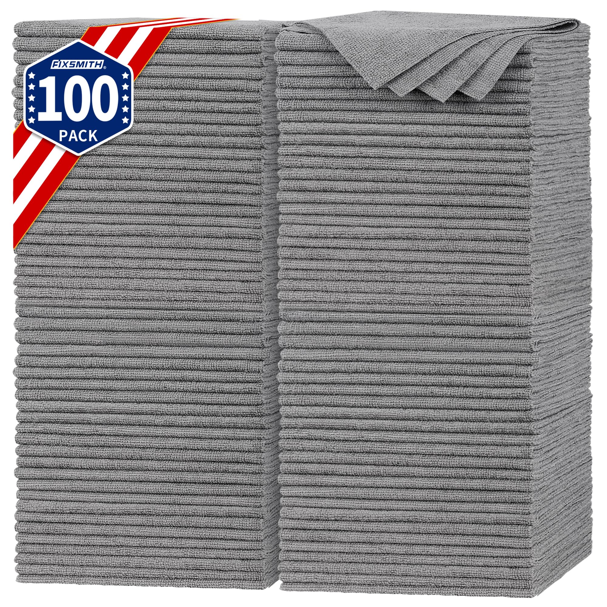 FIXSMITH Shop Towels, Pack of 100, Grey Microfiber Cleaning Cloth Bulk, Microfiber Towels for Cars, All-Purpose Absorbent Cleaning Rags, Dust Cloth for Automotive, Mechanic, Garage, 11.5 x 11.5 inch