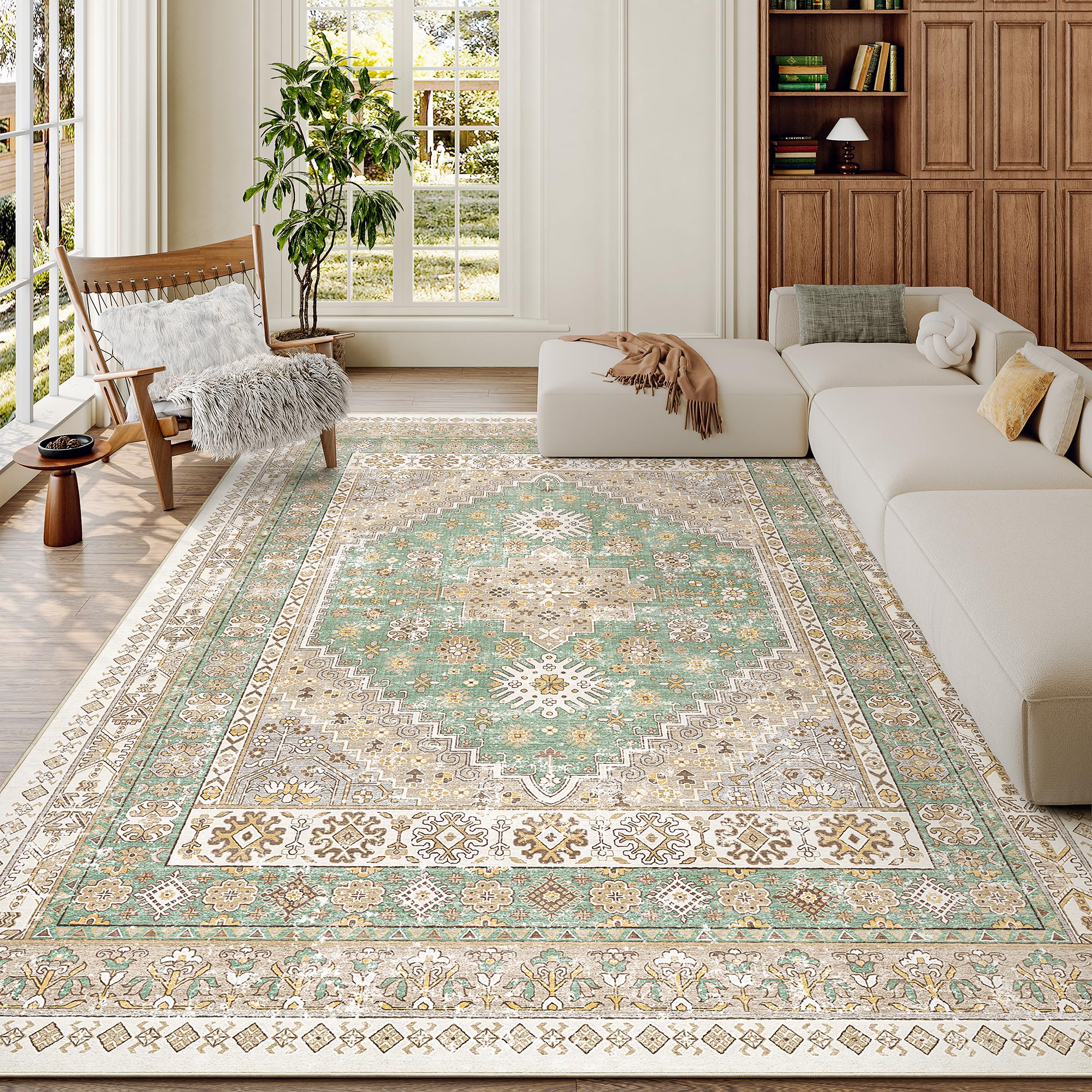 zesthome 6x9 Area Rug, Super Soft Washable Rugs for Living Room, Non-Slip Stain Resistant Vintage Rugs, Ultra-Thin Large Area Rugs (Green/Brown,6'x9')