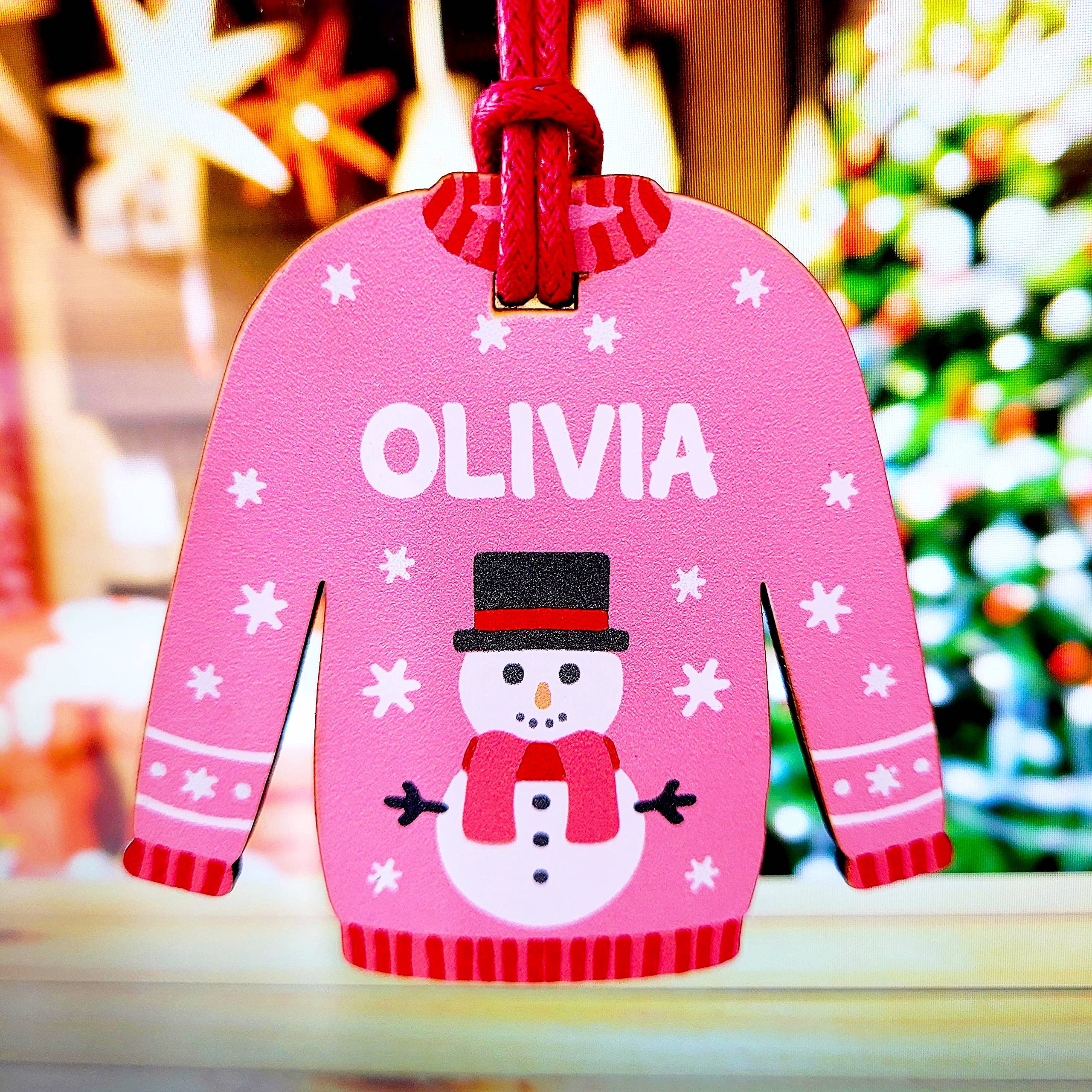 Personalised Custom Any Name Christmas Bauble Gift Wooden Hanging Tree Decoration Xmas Jumper PINK