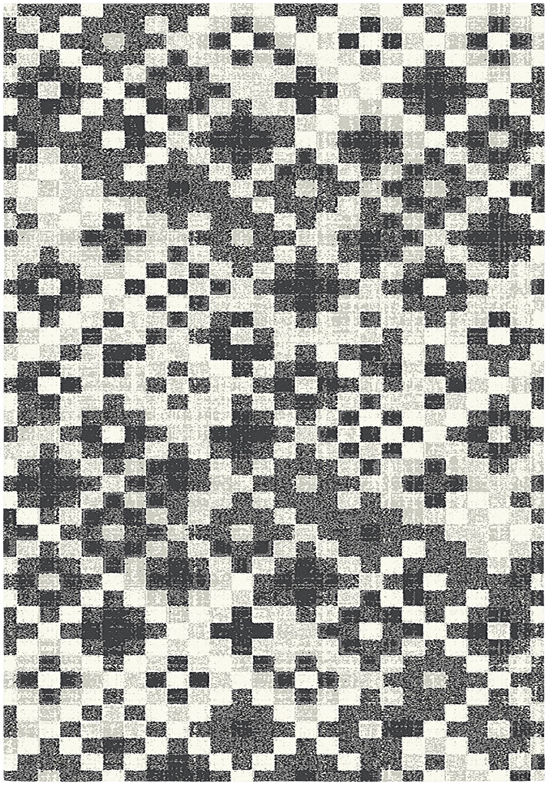 Aspect BLACK/GREY FRACTALS Vintage Geometric Check Pattern Area Rug (Black/Silver Grey/Cream, 120x170cm)