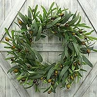 20 Inch Artificial Green Olive Wreath with Leaves & Beans - Handmade Greenery for Farmhouse Front Door, Indoor Outdoor Decor, Gift Box