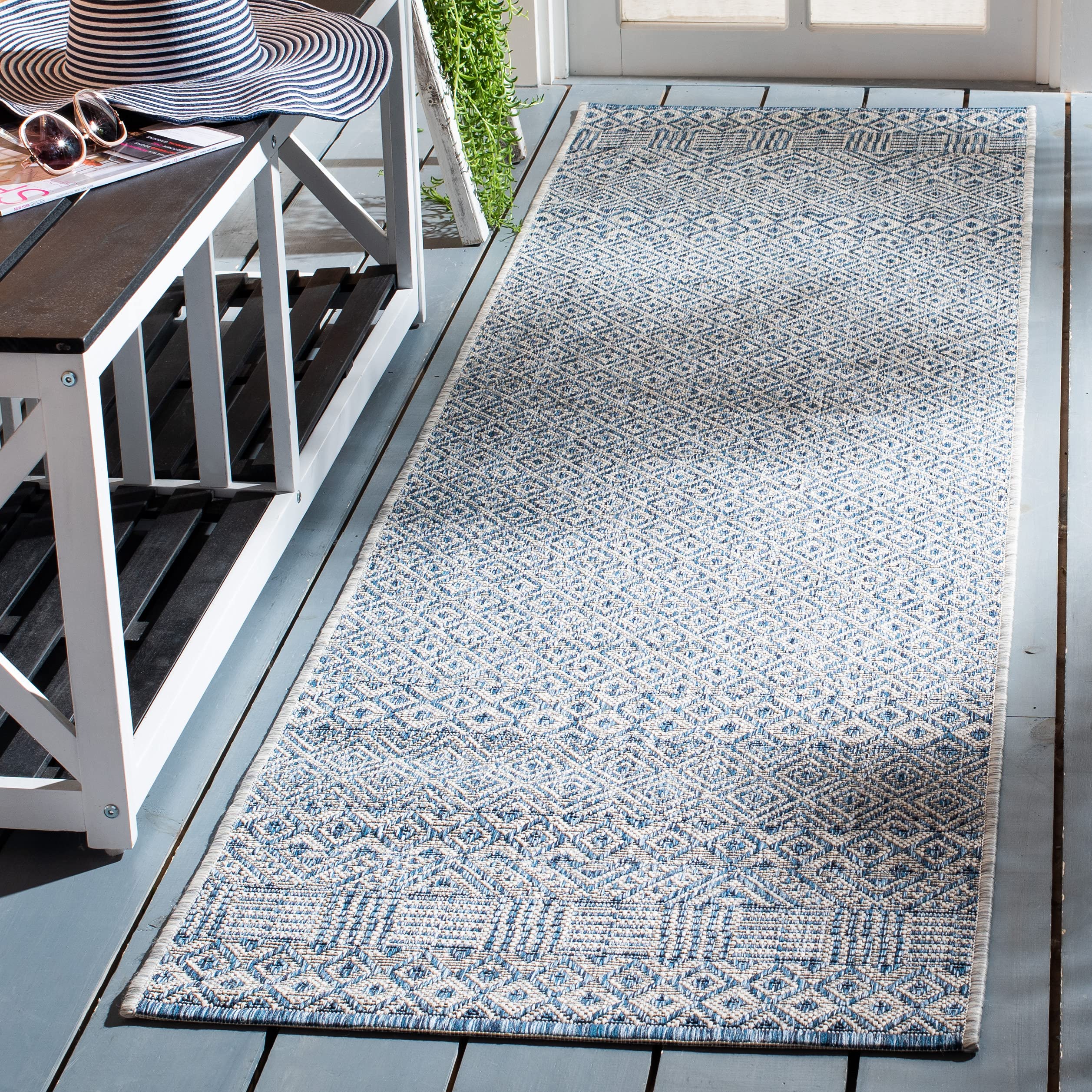 SAFAVIEH Washable Rug Outdoor Courtyard Collection - 2'3" x 16' Runner, Grey & Blue, Non-Shedding & Easy Cleaning, Ideal for Patio, Entryway, Mudroom,