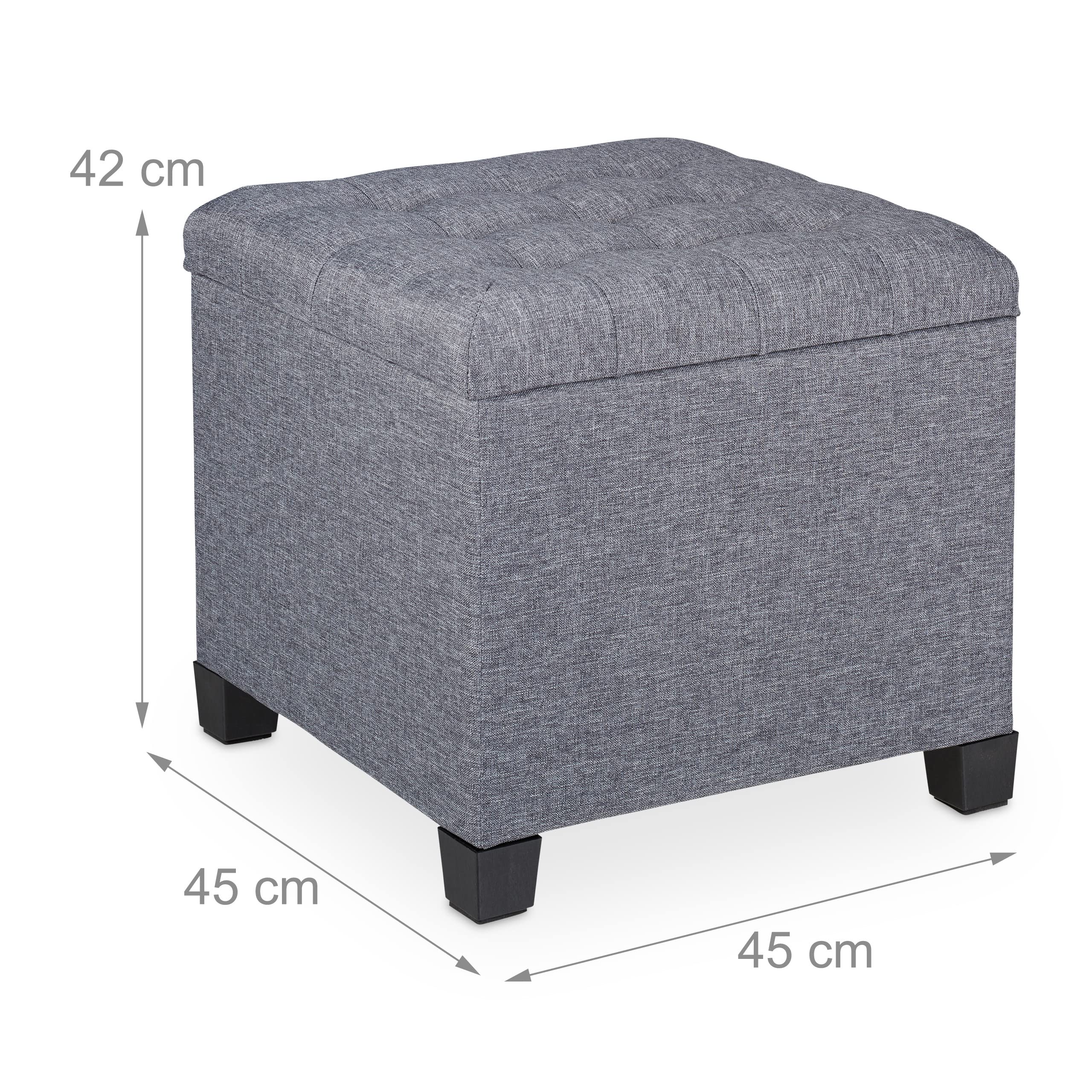 Relaxdays Taburete con Almacenaje, Reposapiés Sofá con Tapa, Asiento Acolchado, Tapizado, Cubo, 42 x 45 x 45 cm, Gris