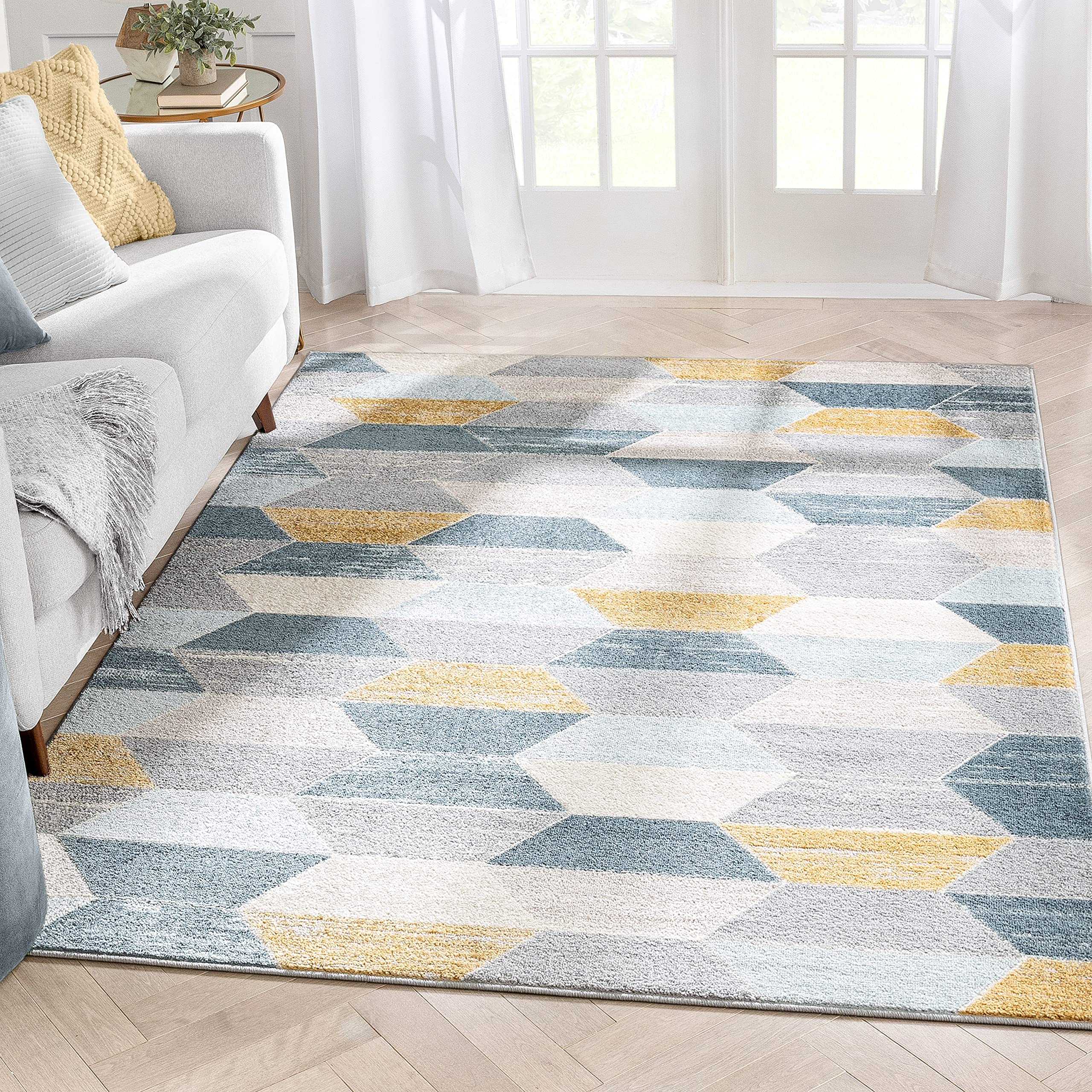Well Woven Everleigh Honeycomb Hexagon Geometric Blue, Mustard Gold, Grey Area Rug 3x5 (3'11" x 5'3"