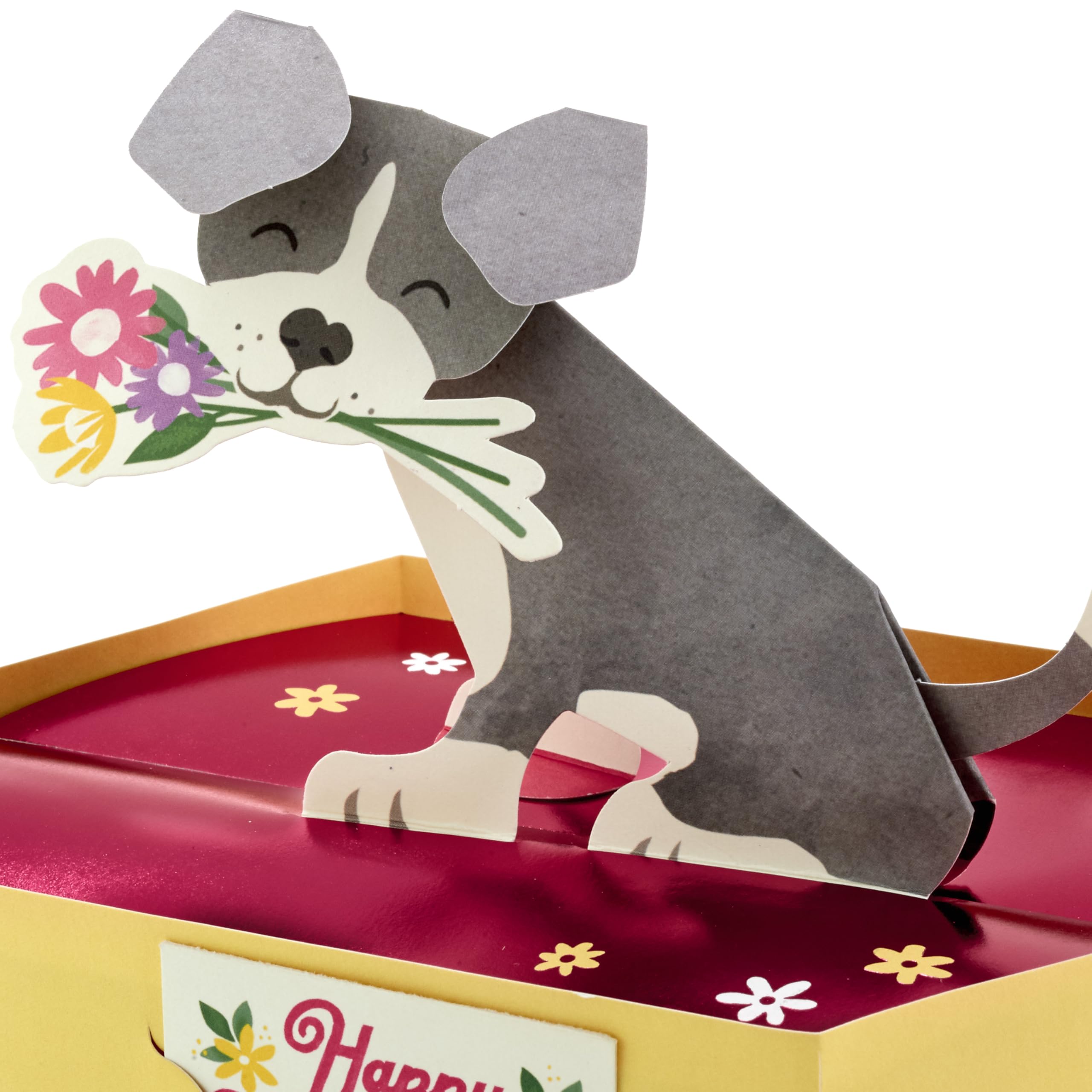 Hallmark Mothers Day Card for Mum 3D, Pop Up, Cute Dog & Flowers, Grey, Yellow, Red, Grey, Red & Yellow, H13.5cm by W17.7cm by D11cm - Image 3