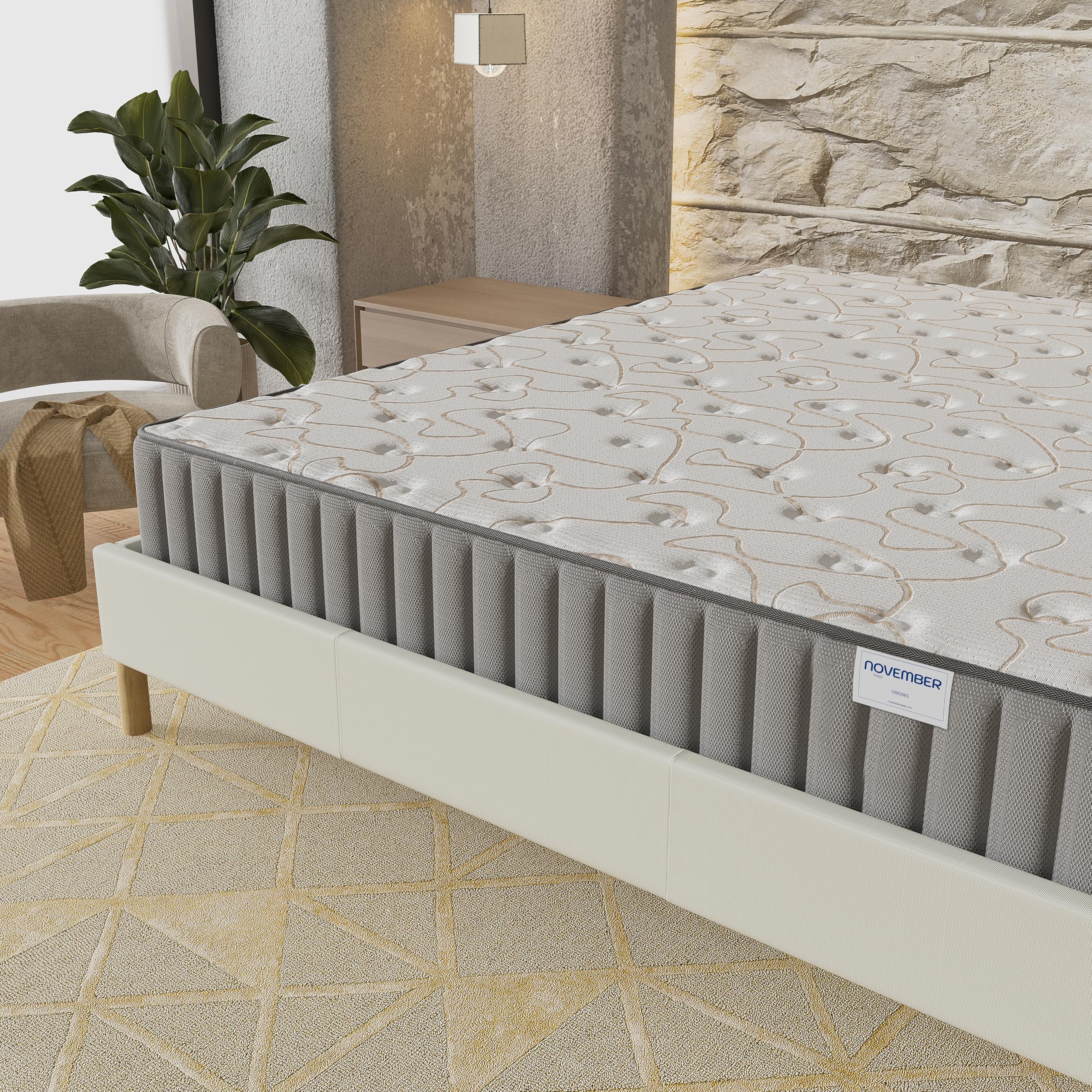 NOVEMBER- Ensemble Matelas + sommier (120 x 190cm)- Matelas Orionis Mousse Mémoire de Forme & Mousse Haute Densité d’épaisseur 16cm + Sommier Bois Stable & Robuste revêtement Tissu Blanc