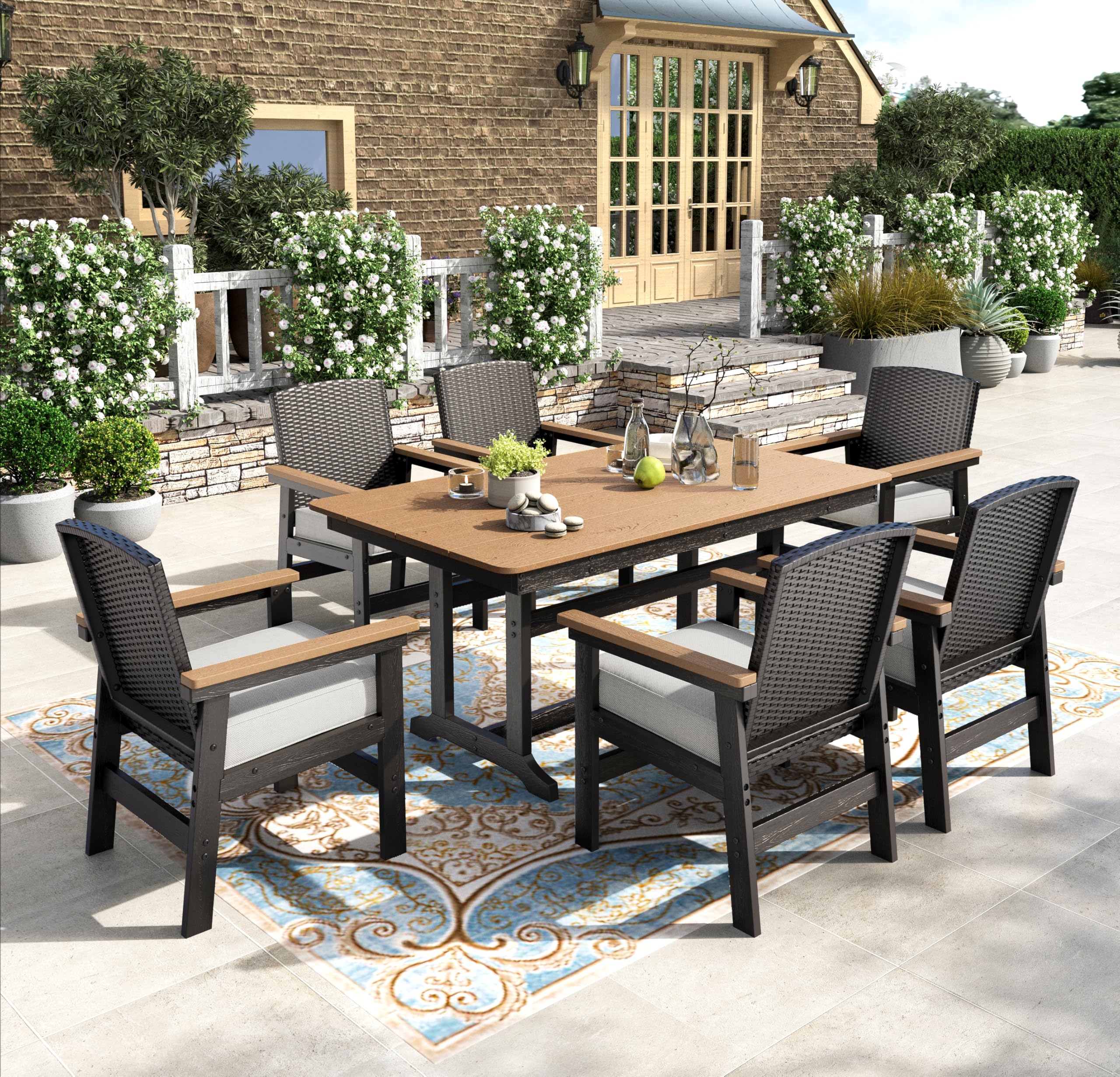 PHI VILLA 7-teiliges Rattan Gartenmöbel Set mit Esstisch und 6 Stühlen, Gartentisch Wetterfest und Gartenstuhl mit Dickerem Kissen, E-Beschichtung Metall Terrassenmöbel Outdoor Balkonmöbel Set für 6