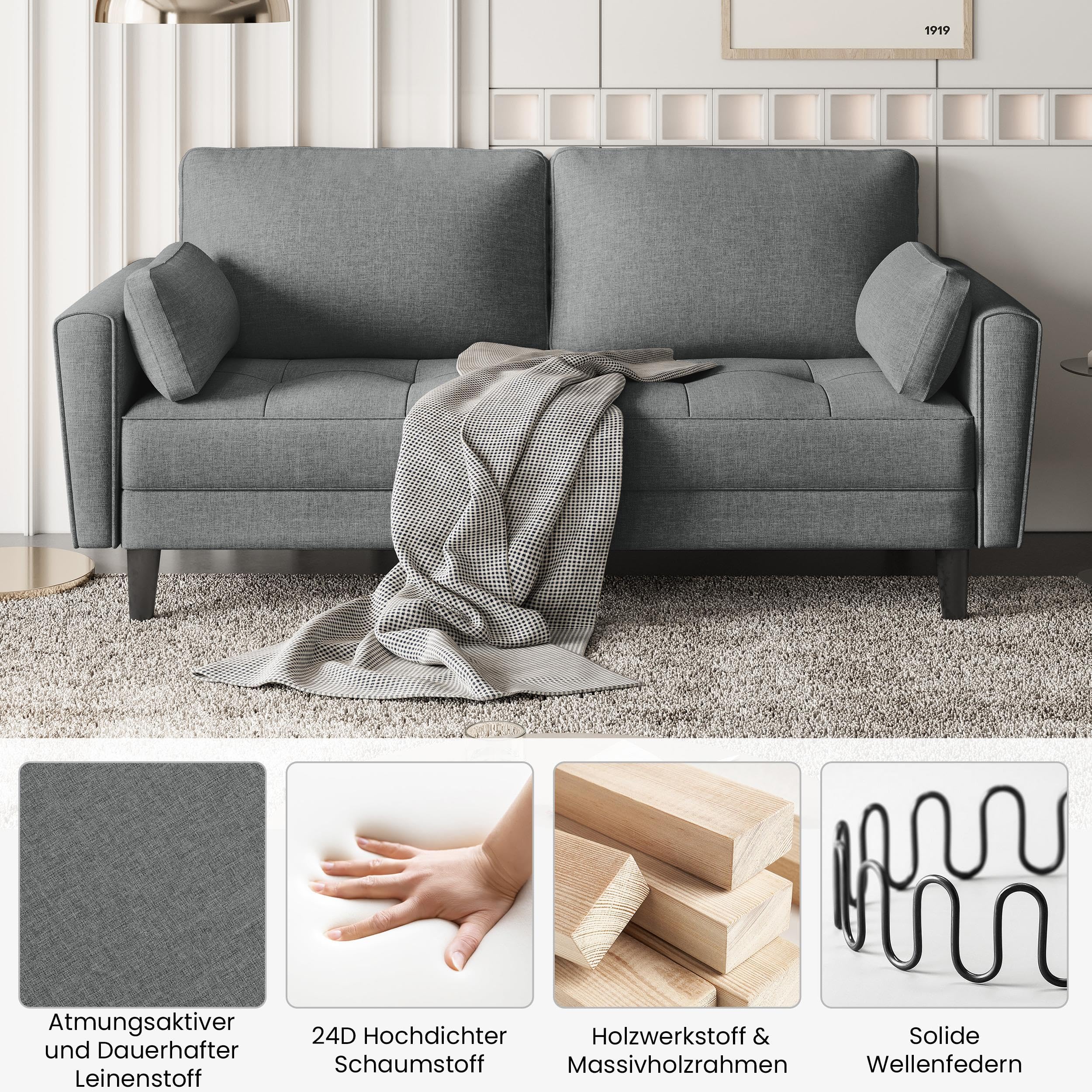Yaheetech 2 Sitzer Sofa, Polstersofa mit 2 Kissen und Armlehnen, Moderne Couch Loungesofa aus Leinenstoff, Bequemes Loveseat für Wohnzimmer/Schlafzimmer Dunkelgrau