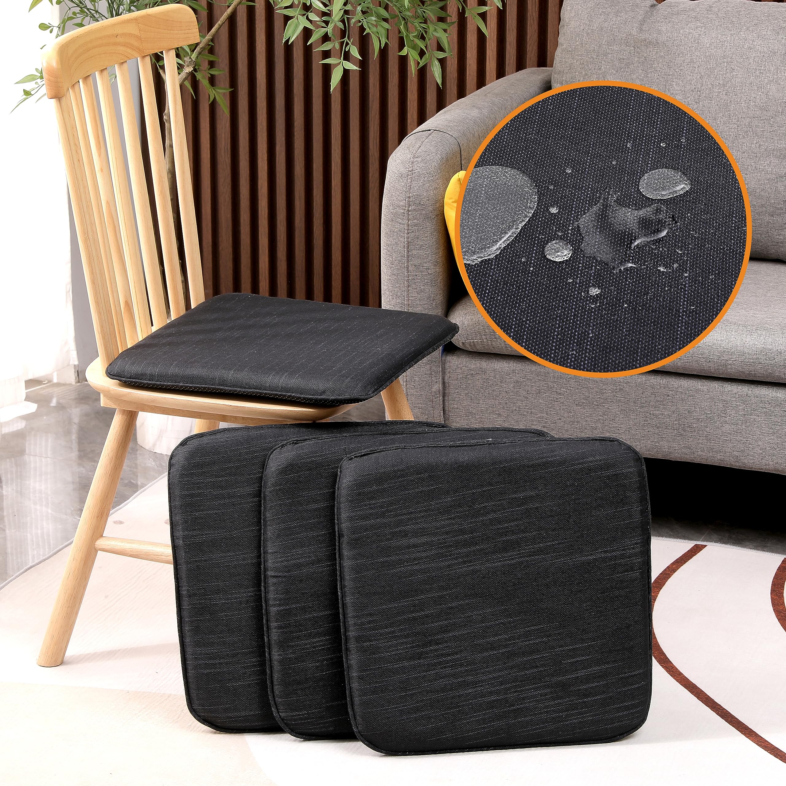 RACE LEAF 6er-Set Sitzkissen 40,5 x 40,5 cm Memory Foam Sitzauflagen, Wasserdicht, rutschfest, Dicke Stuhlkissen für Esszimmerstuhl, Bürostuhl, Gartenstuhl, Schwarz