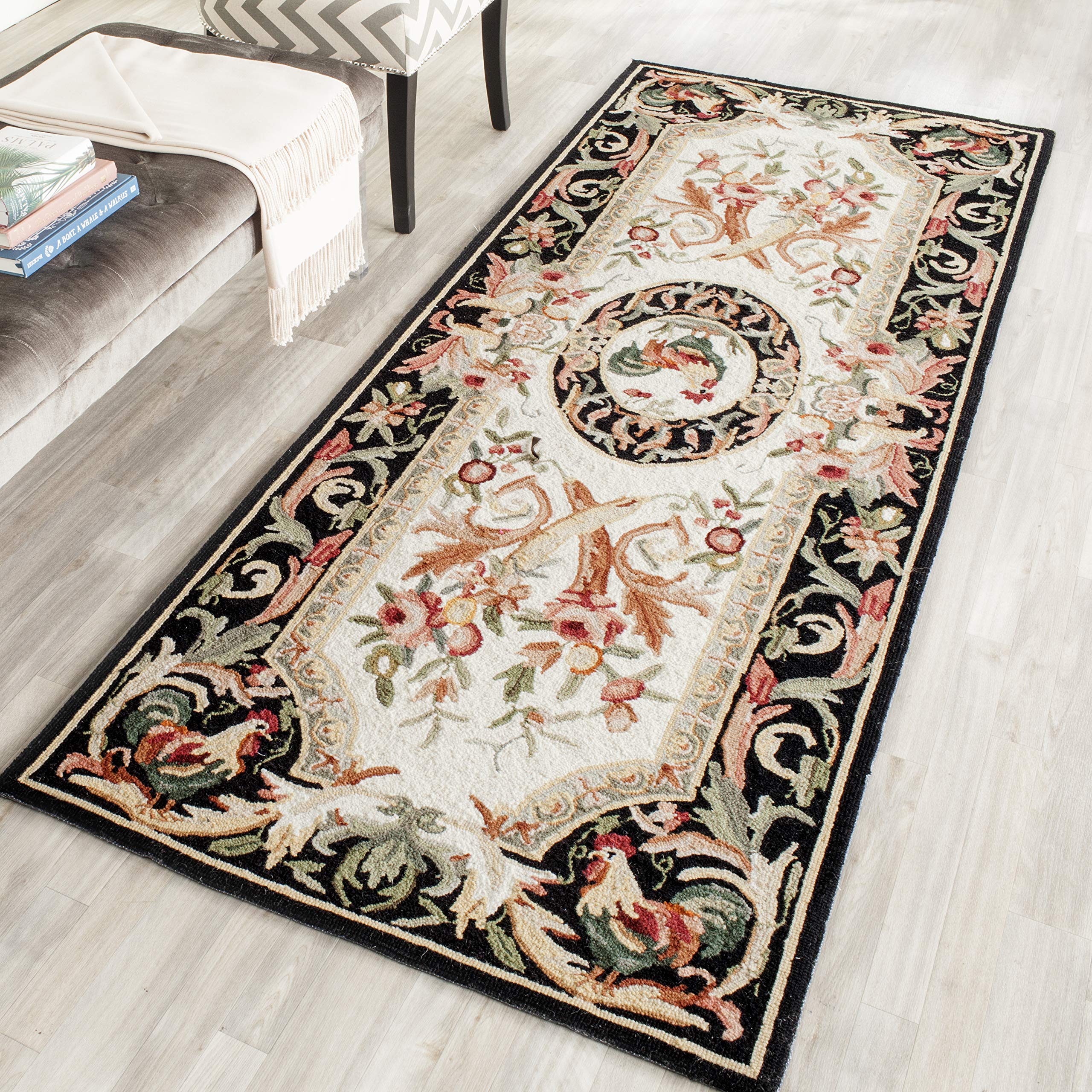 safavieh chelsea collection accent rug - 1'8" x 2'6", ivory & black, hand-hooked french country wool, ideal for high traffic areas in entryway, living room, bedroom (hk48k)