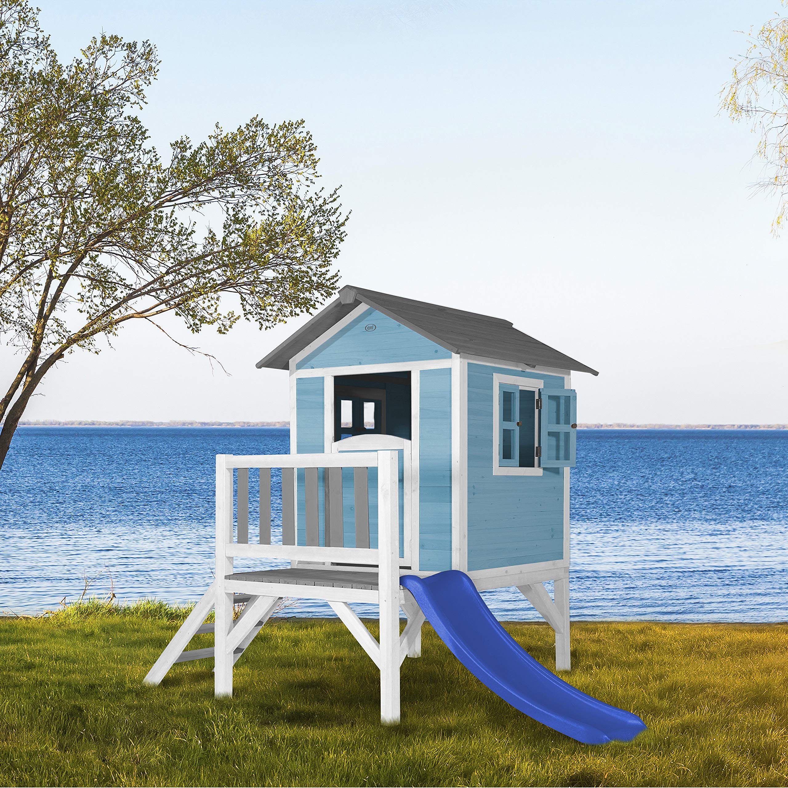 AXI Spielhaus Beach Lodge XL in Blau mit Rutsche in Blau | Stelzenhaus aus FSC Holz für Kinder | Kleiner Spielturm für den Garten