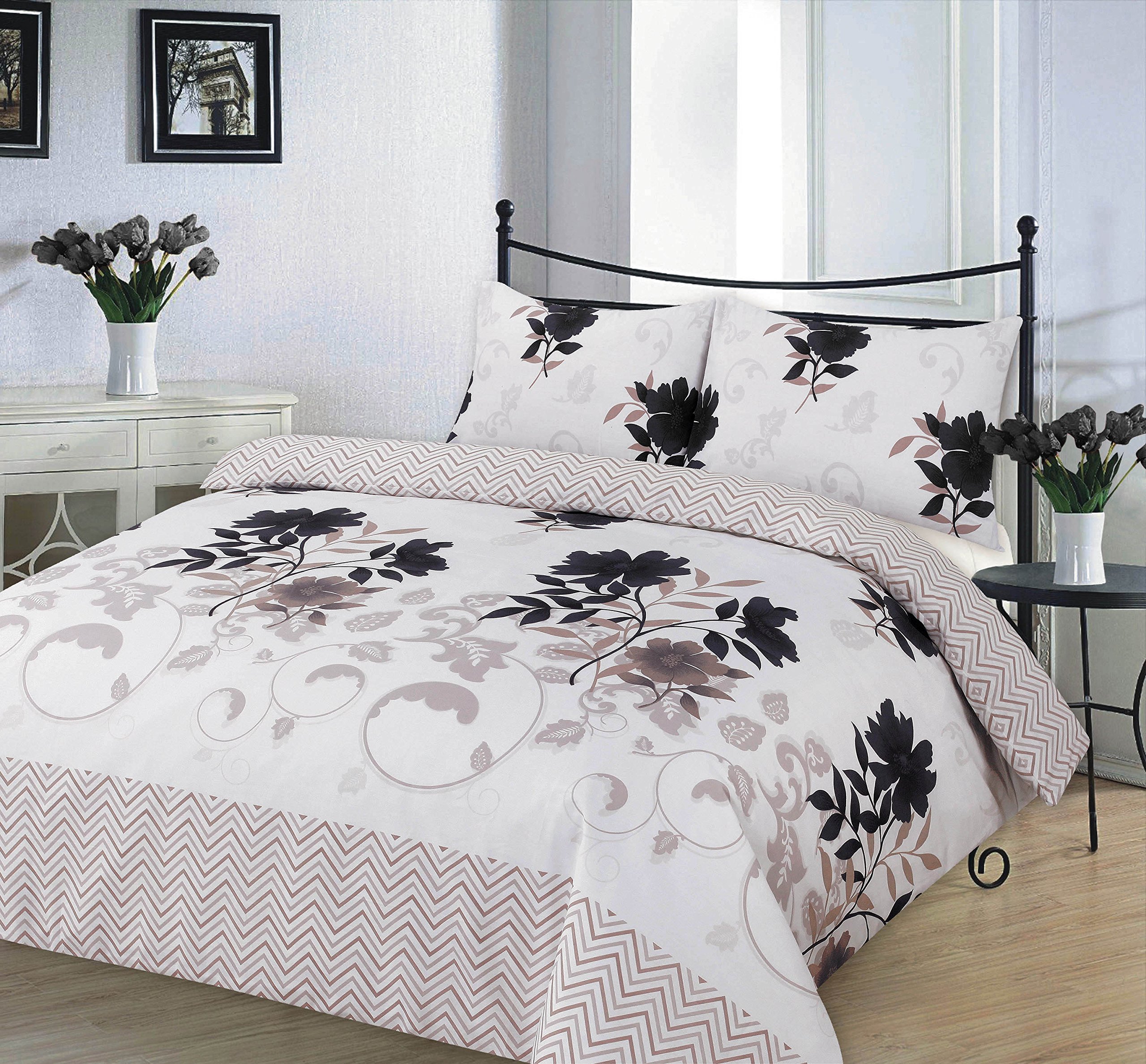 Kampala Hill Bethany Black Super Kingsize Duvet Cover Set Polycotton Floral Bedding