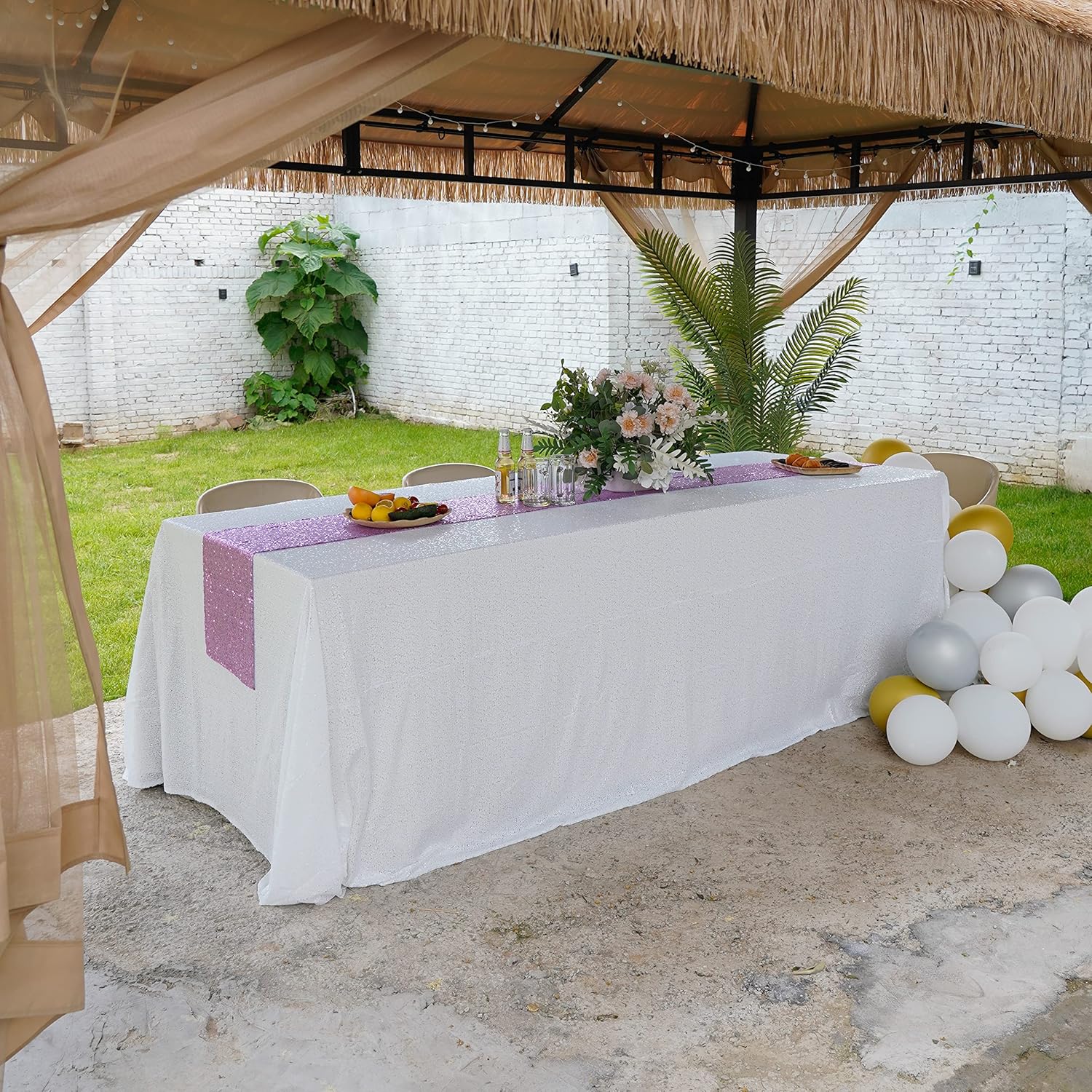 White Sequin Tablecloth, 90"x132" Rectangular Tablecloth, Glitter Tablecloth for Wedding Baby Shower Birthday Party Dinners