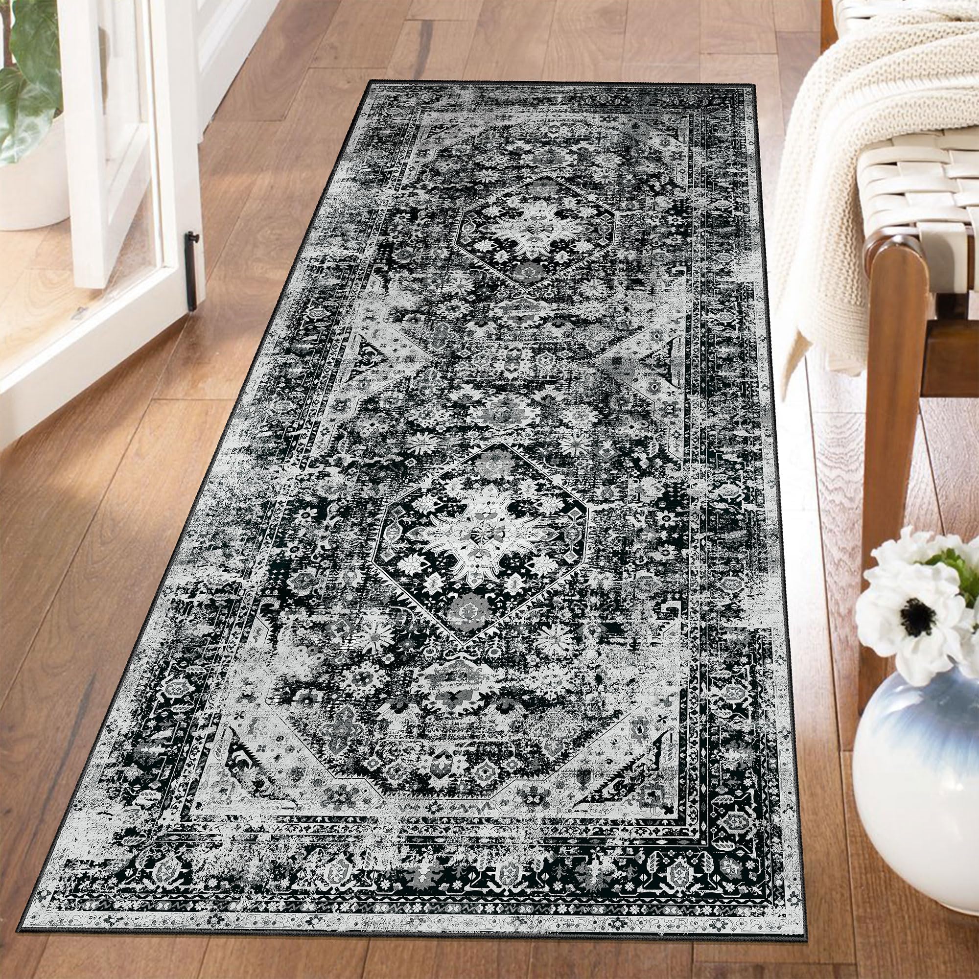 MUJOO Black Rug Washable Runner Rug for Kitchen Bathroom Entryway Non Slip Carpet Throw Rugs for Hallway Bedside Laundry Room Long Boho Area Rug Soft