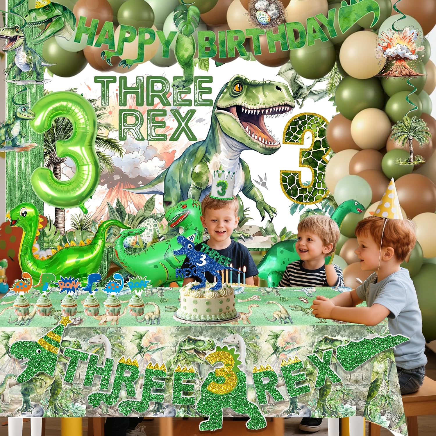 Three Rex Birthday Party Decorations for Boy 3rd Birthday Party Supplies Include Three Rex Balloons Banner Backdrop Tablecloth hat Cake Toppers swirls for 3 Rex Birthday Decorations Boys