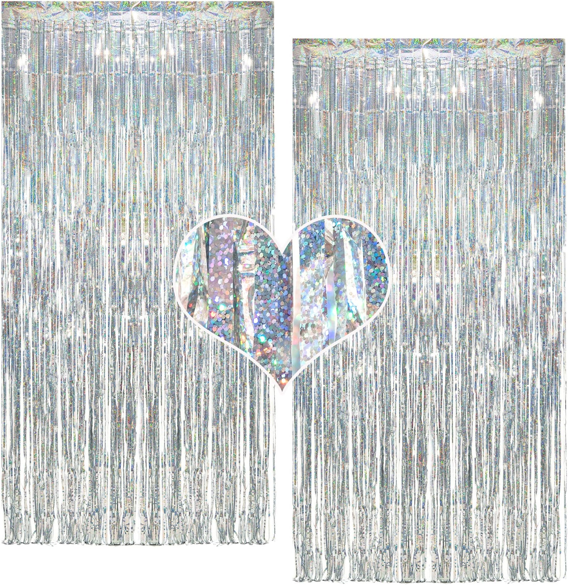 Silver Tinsel Metallic Foil Fringe Curtain Backdrop, Malanku 2Pack 3