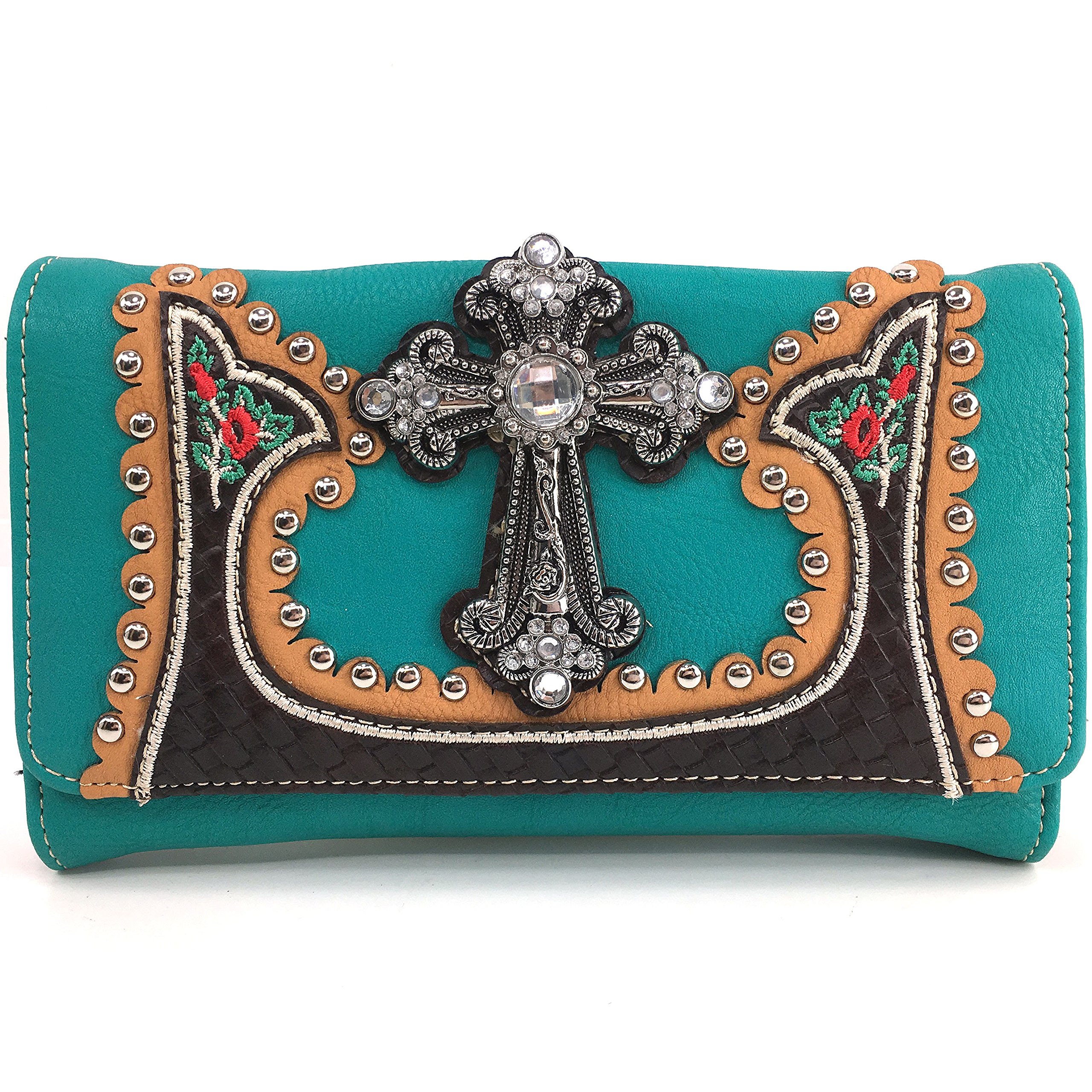 Justin West Turquoise Cross Flowers Leather Weaved Concealed Carry Handbag Purse