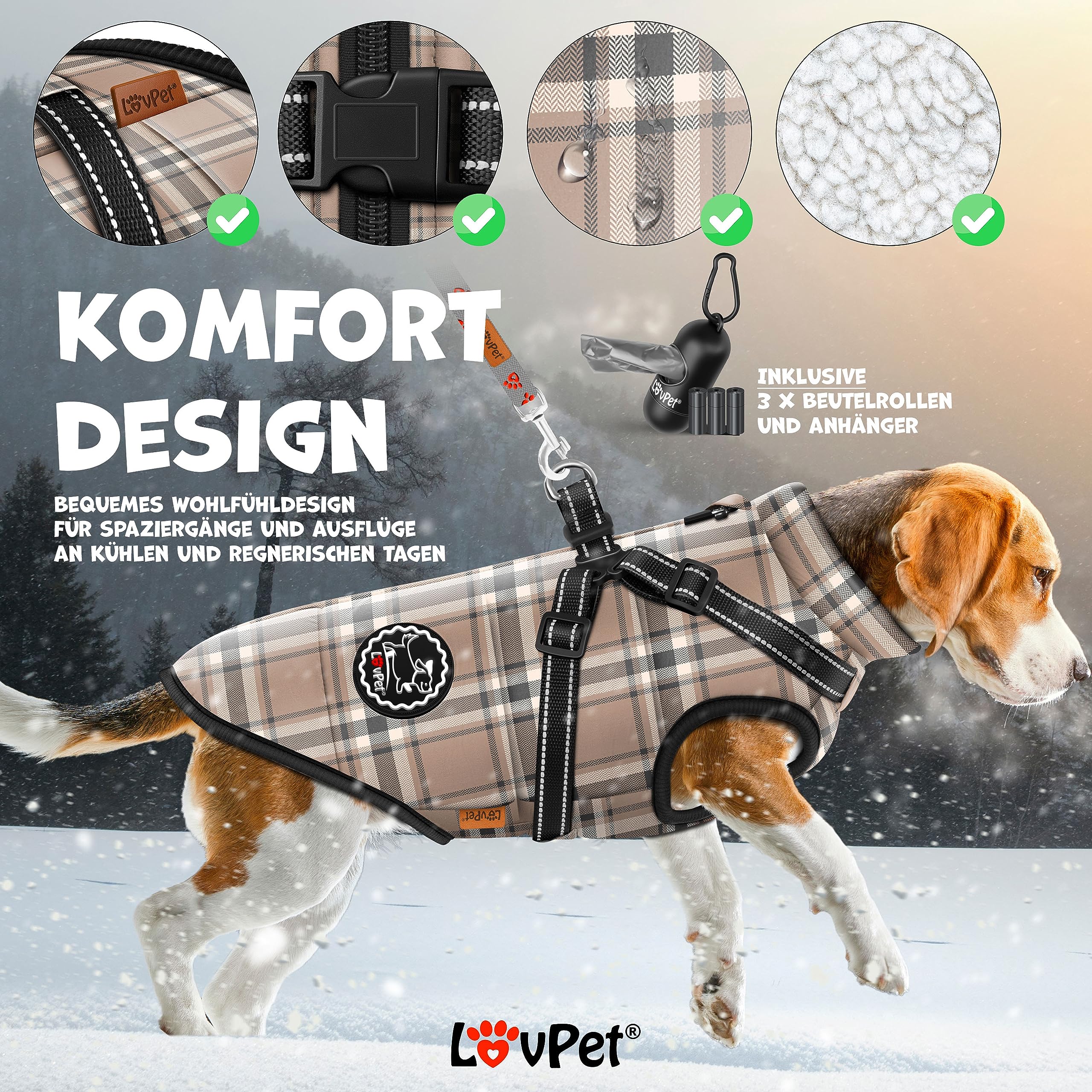 Lovpet® Giacca per Cani con Pettorina, con 45 Sacchetti per Escrementi + Dispenser per Cani, Gilet Invernale Imbottito, Impermeabile, con Cintura Toracica, riflettori, Anello a D XL, Beige