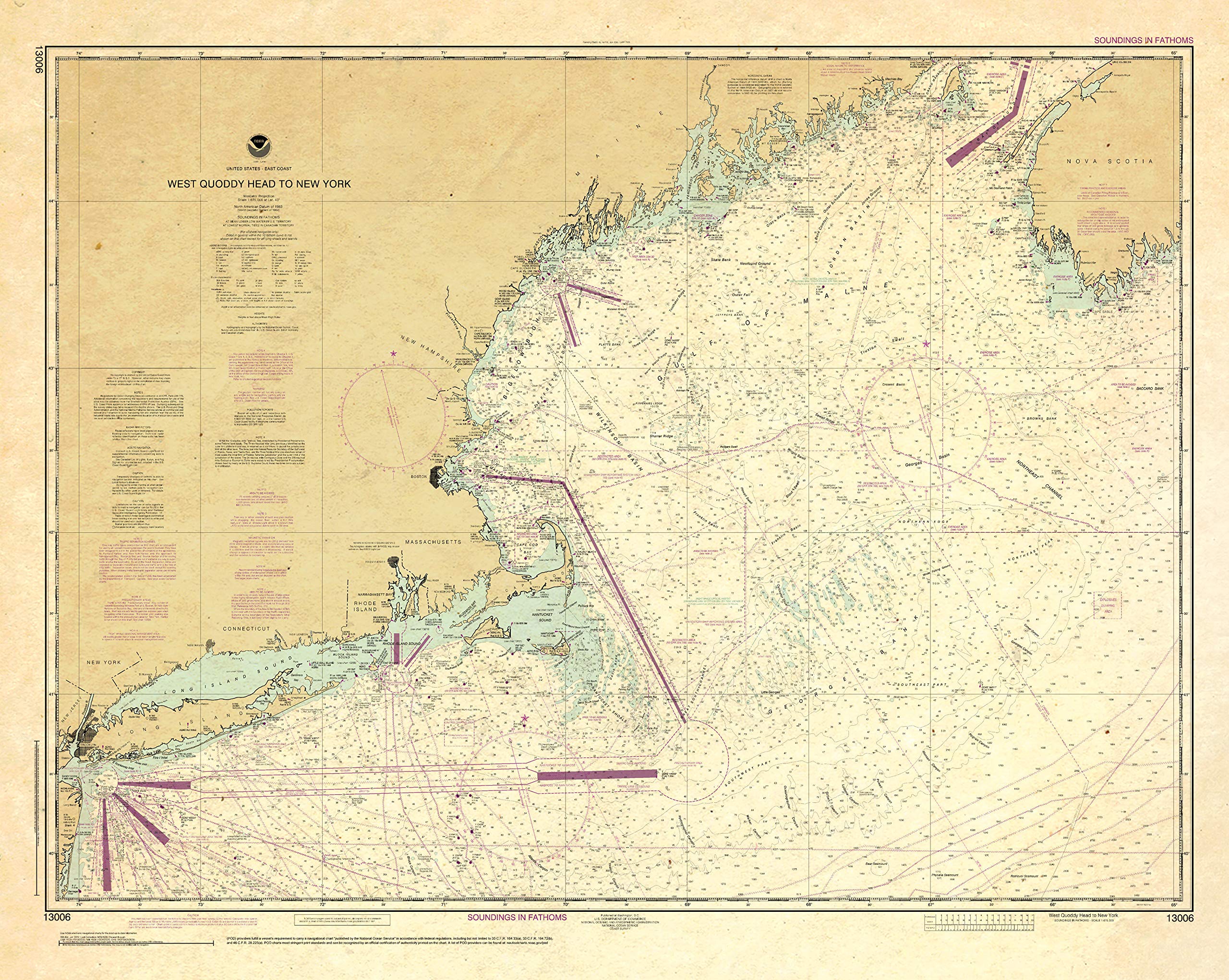 Paradise Cay Publications, Inc. Antiqued NOAA Chart 13006: West Quoddy Head to New York