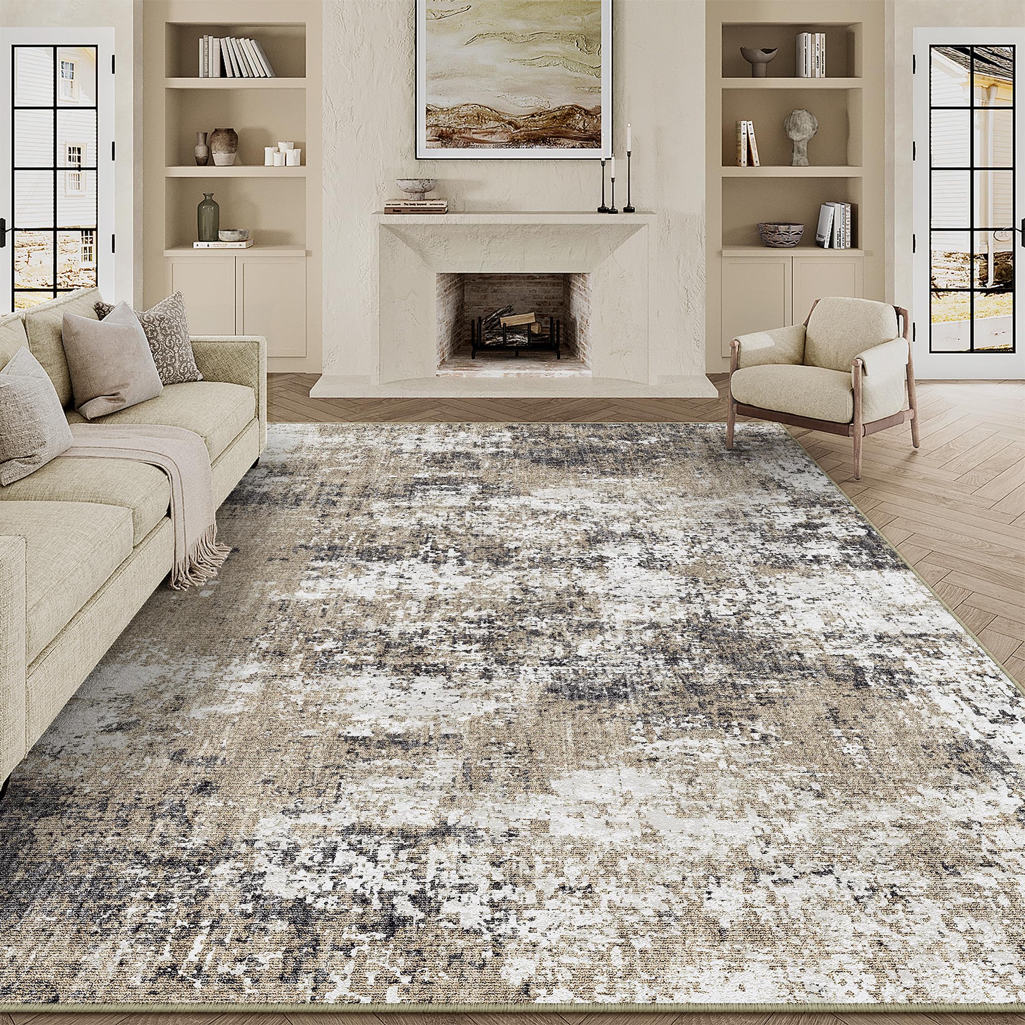 Washable Brown Area Rug 9x12 Modern Abstract Living Room Large Carpet Bedroom Neutral Soft Throw Rug Low Pile Non Slip Indoor Contemporary Floor Cover for Dining Room Office
