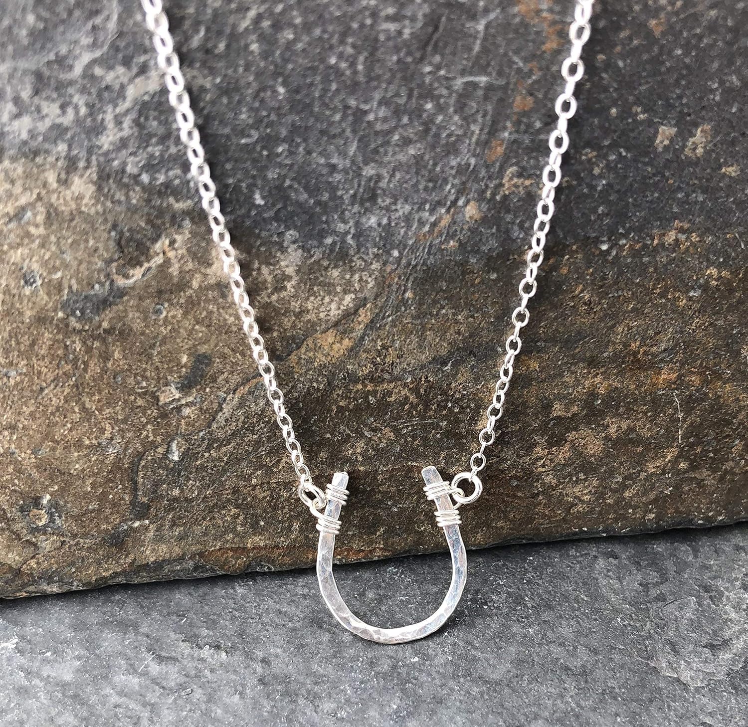Lucky Horseshoe Necklace Sterling Silver Hammered 16 inch chain length - Image 7