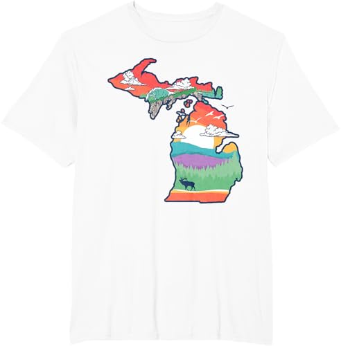 Miniatura 60 de Michigan Outside Vintage Nature Illustration Artistic T-Shirt Slate Grey,White,Baby Blue,Red,Silver Grey,Dark Green,Kelly Green,Olive Green,Lemon