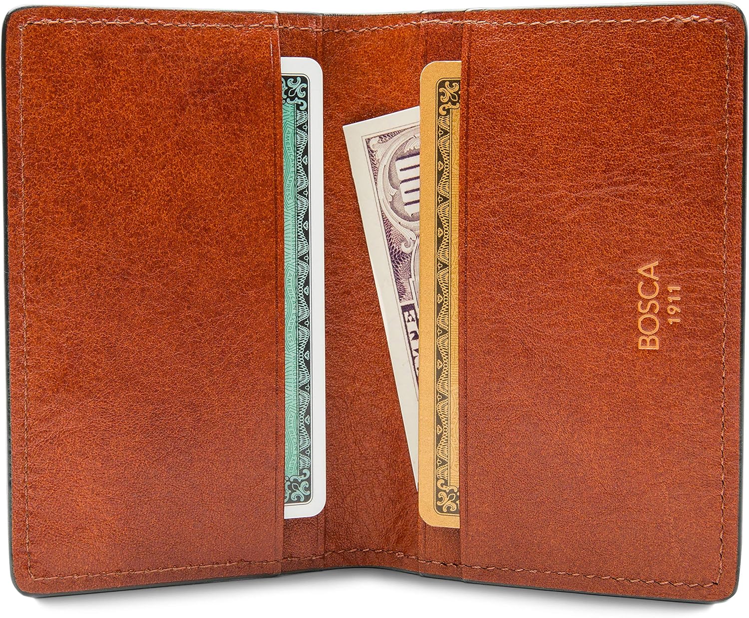 Bosca Leather Card Holder for Men - Hand-Stitched Mens Card & ID Case, 4 Card Slots, Slim Front Pocket Wallet - Tanned Leather - 4"x2.75"x 0.25 Amber Brown