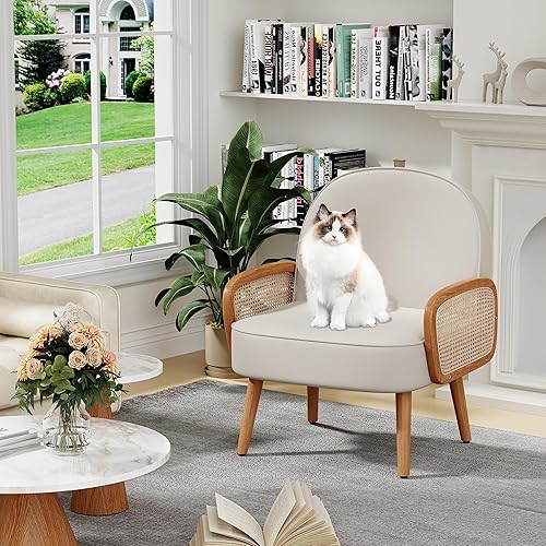 Miniatura 5 de Aklaus Silla decorativa moderna de mediados de siglo con brazos de ratán, tapizada de ratán, silla bohemia para sala de estar, dormitorio, balcón,