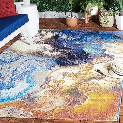 Miniatura 5 de SAFAVIEH Barbados Collection - Alfombra de pasillo de 2 pies 8 pulgadas x 8 pies, azul y oro óxido, diseño abstracto moderno, para interiores y