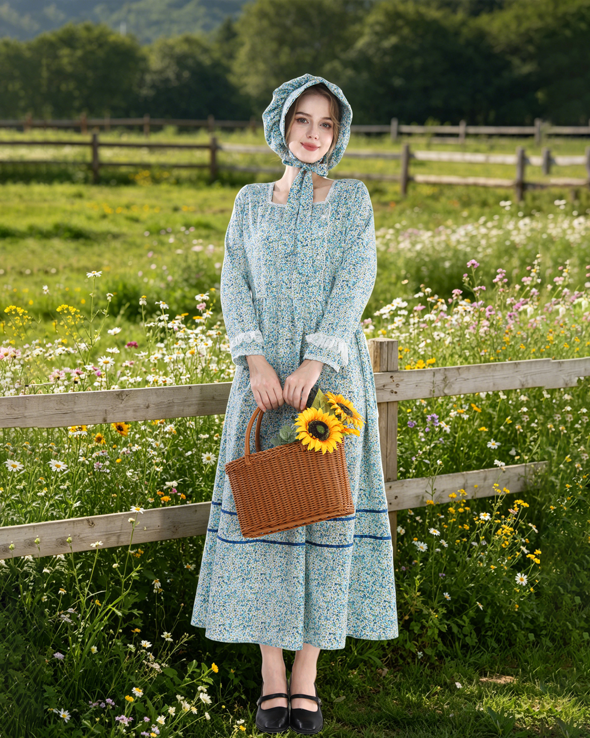Amazon.com: Nuoqi Pioneer Dress Women Prairie Dress Adult Long Colonial  Costume with Bonnet Pioneer Apron Blue S : Clothing, Shoes & Jewelry