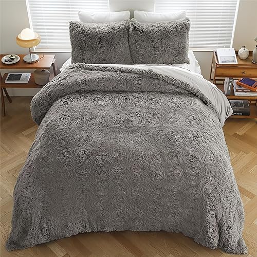 Miniatura 9 de Juego de ropa de cama mullida y afelpada, juego de edredón suave y lanudo tamaño King, juego de funda de edredón gris de pelo sintético con funda de