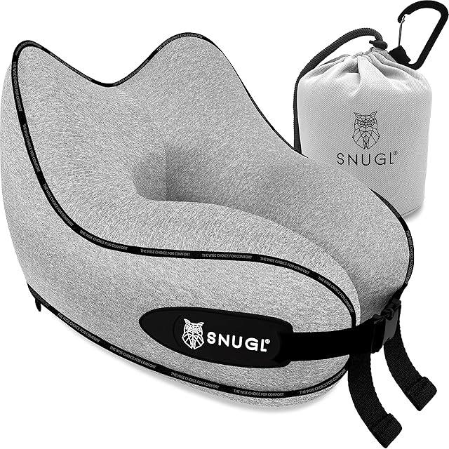 SNUGL Travel Pillow - Memory Foam Neck Cushion - Flight Pillow | Support Neck Pillow for Travel | Travel Neck Pillow for Airplane with Carry Bag & Clip | Flying Travel Essentials (Grey - Regular)