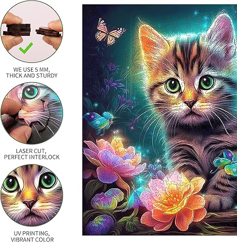 Miniatura 3 de Mys Aurora Rompecabezas de madera, rompecabezas de madera de gatito en ensueño, 200 piezas, rompecabezas de madera con forma de lujo único para