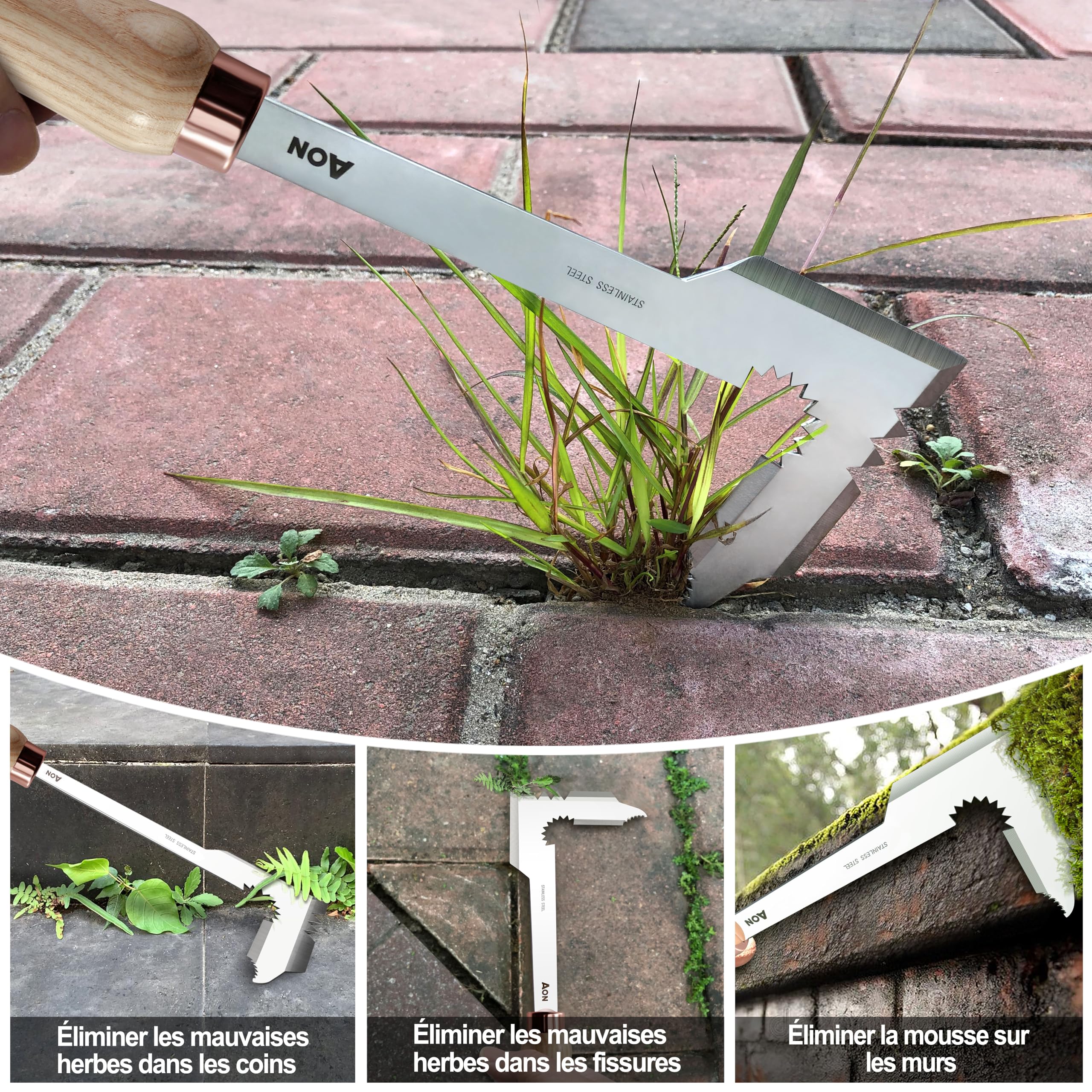 AON Set de 2 Désherbeurs Manuels Couteau Désherbeur Manuel en Acier Traité, Manches en Bois de Frêne, Idéal pour Jardins et Pelouses, Élimine avec Précision et Efficacité Mauvaises Herbes et Racines